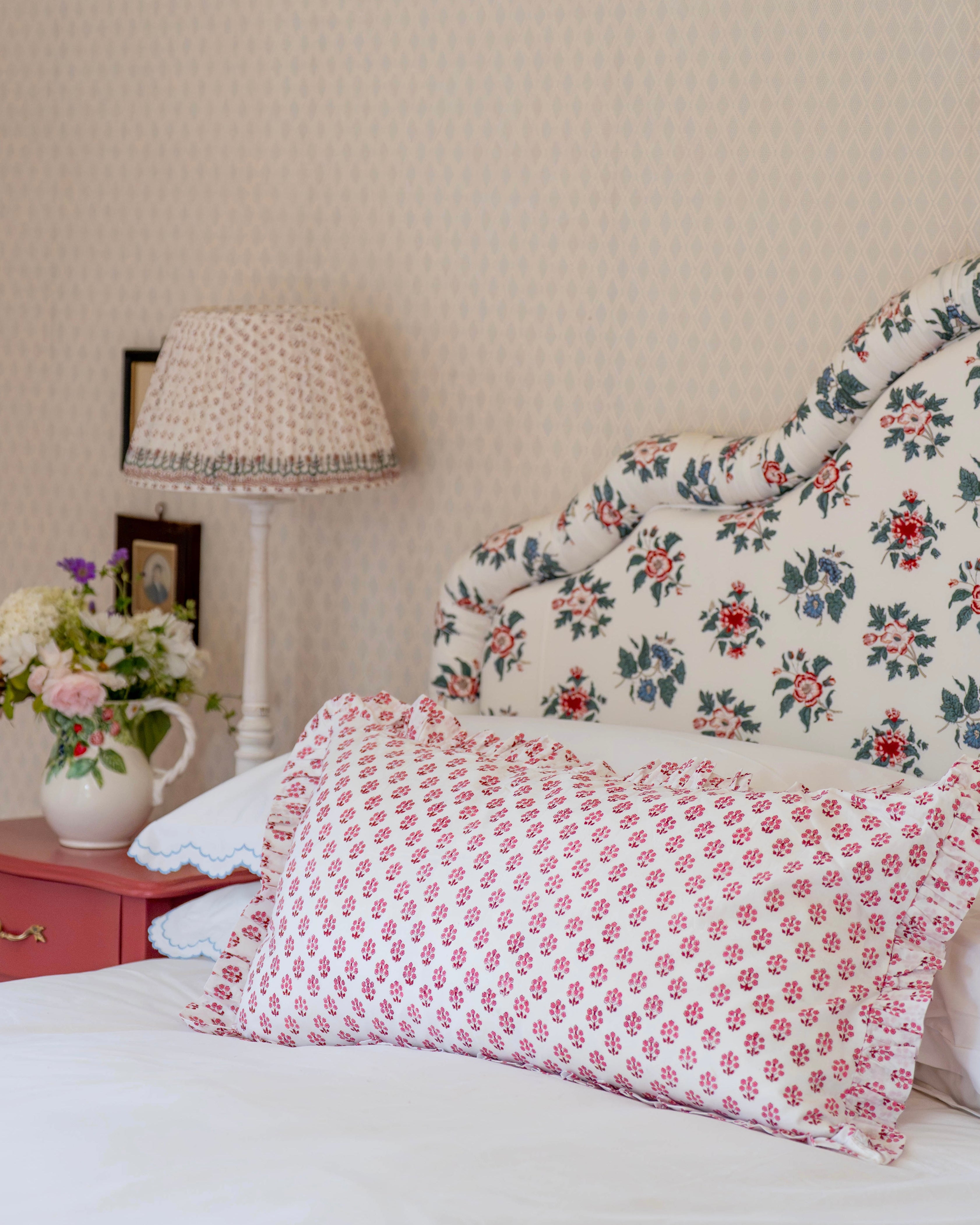 Pink Daphne Handblocked Frilled Bolster Cushion