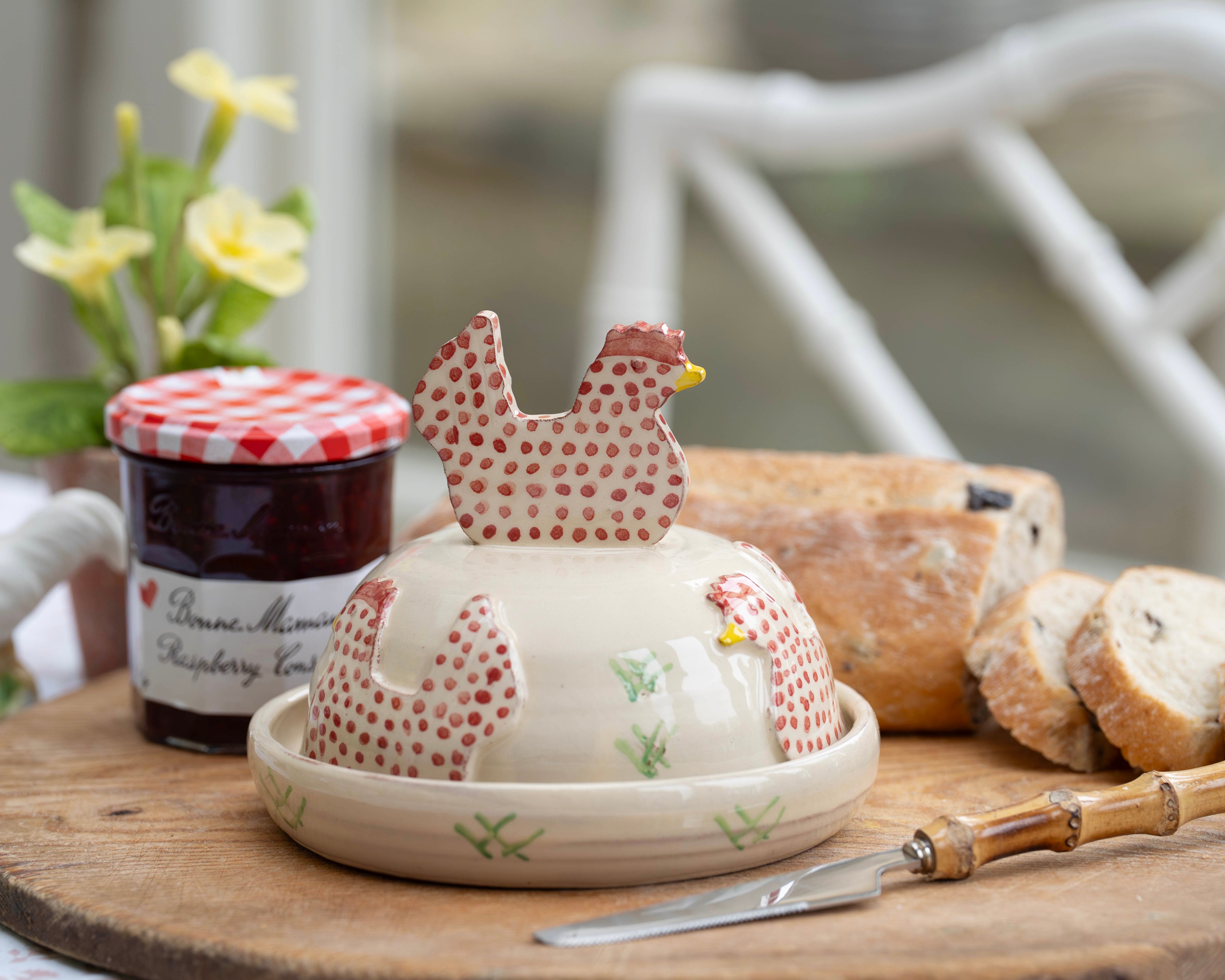 Pink Spotty Hens Butter Dish