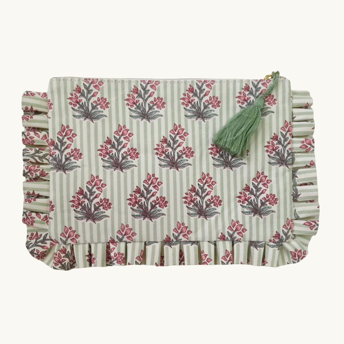 Green Johari Canvas Frilled Pouch