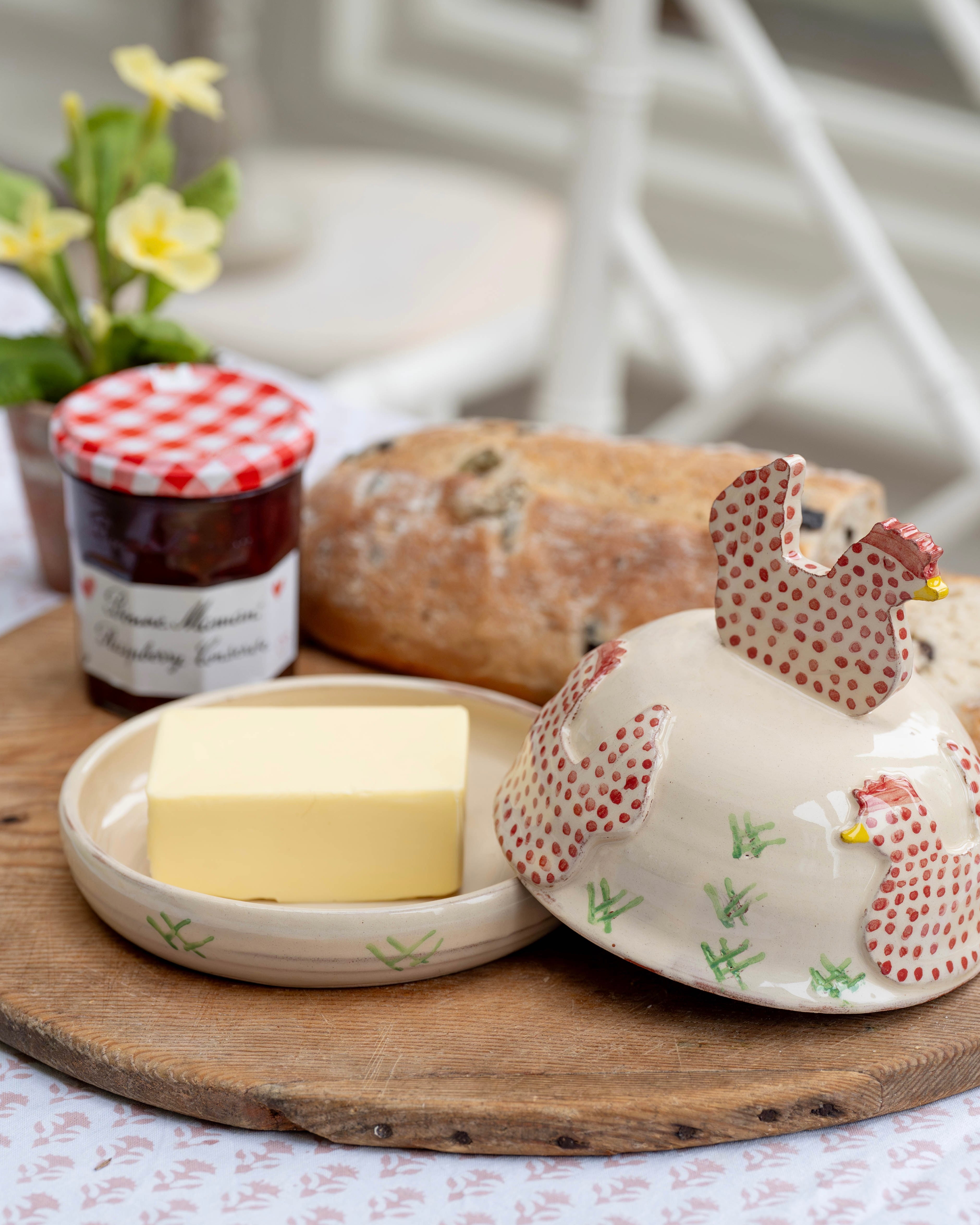 Pink Spotty Hens Butter Dish