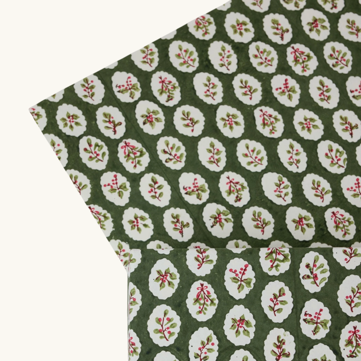 Green Festive Sprig Handblocked Printed Wrapping Paper