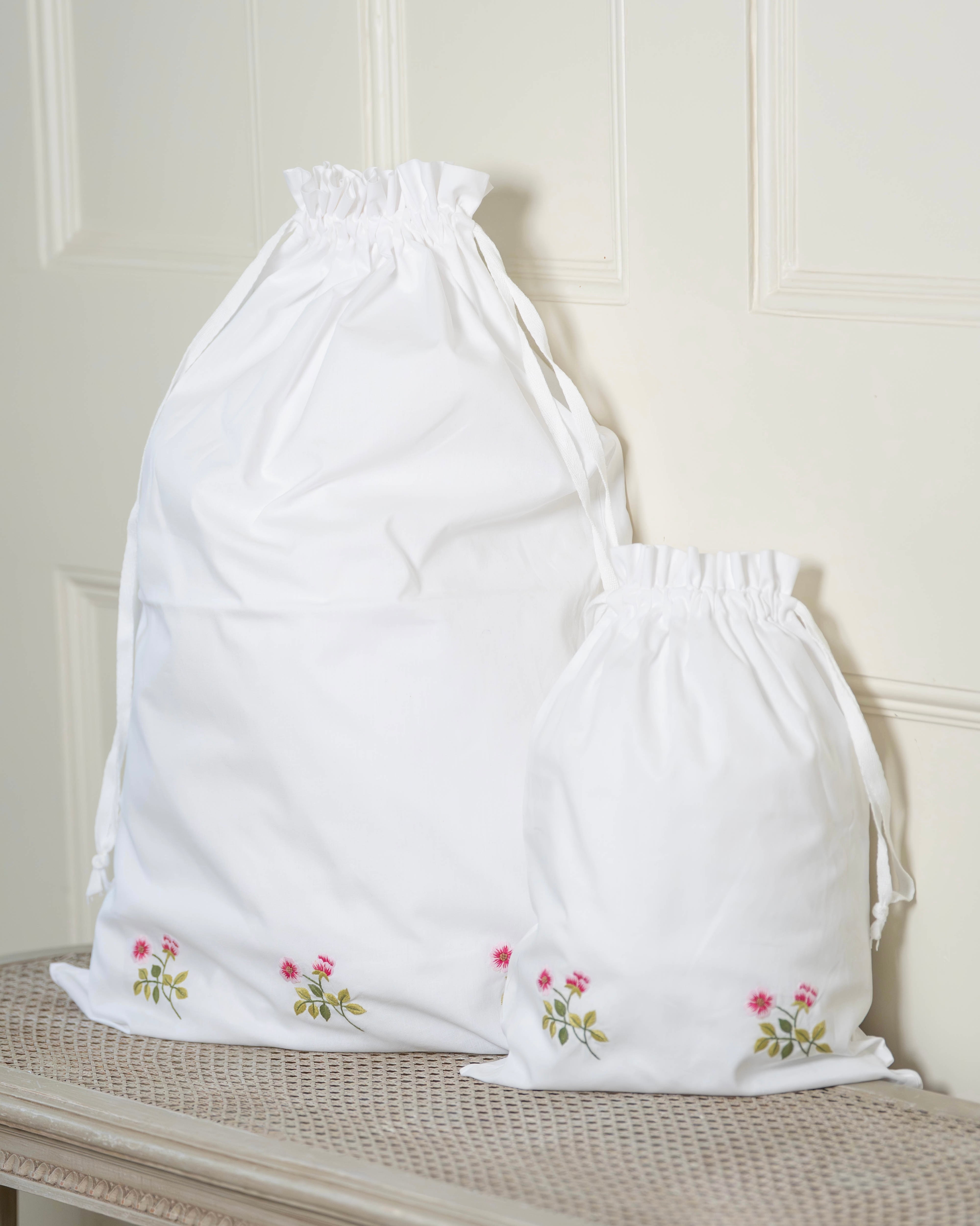 Wild Rose Embroidered Cotton Laundry Bag