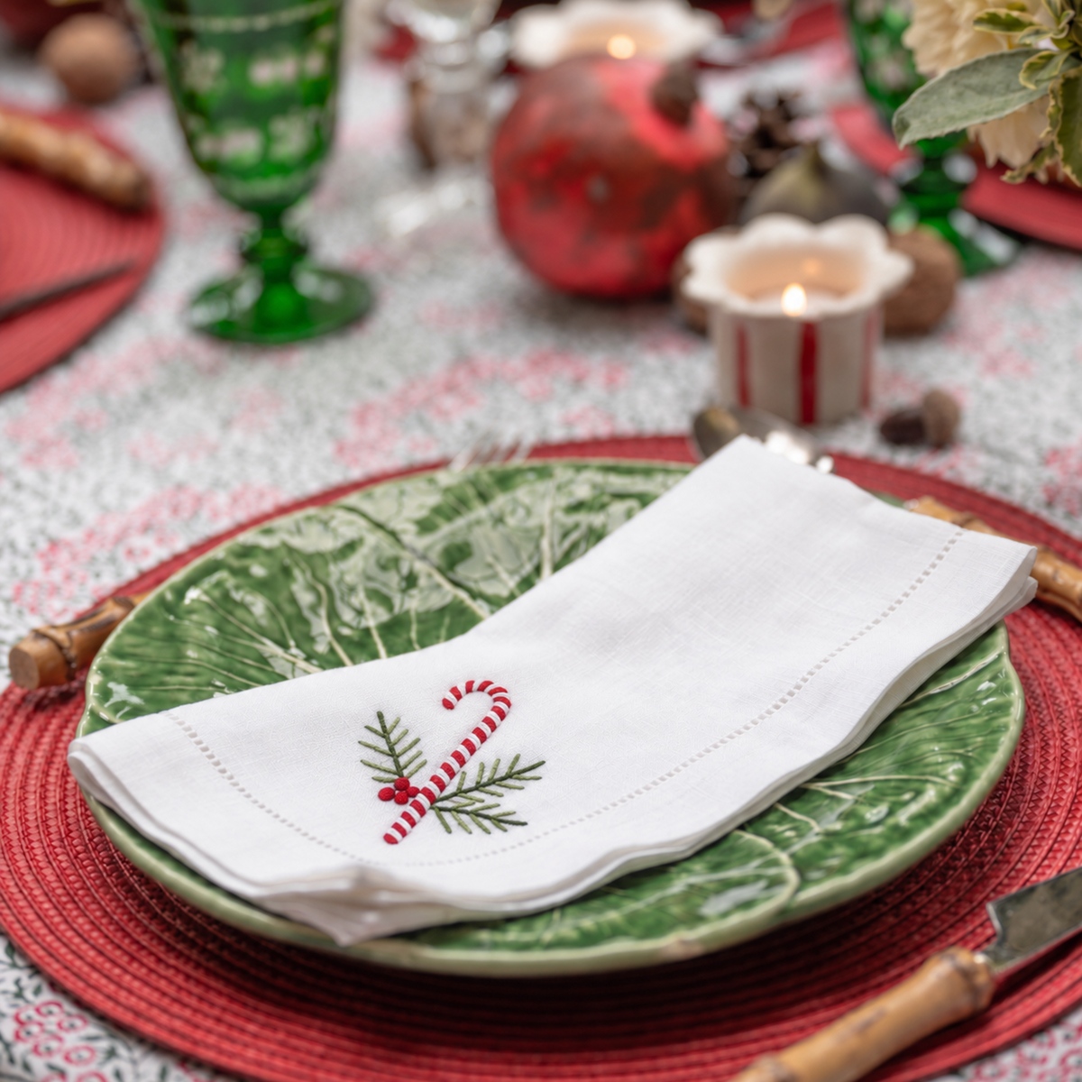 Festive Candy Cane Embroidered Napkins (Set of 2)