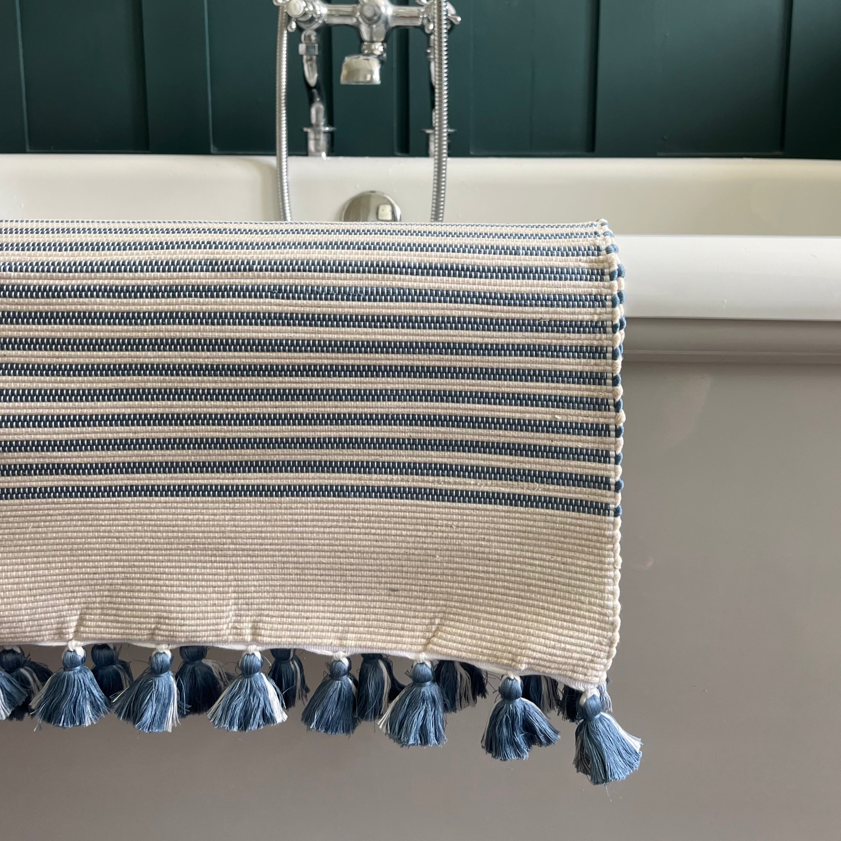 Dusty Blue Handwoven Tasselled Bath Mat