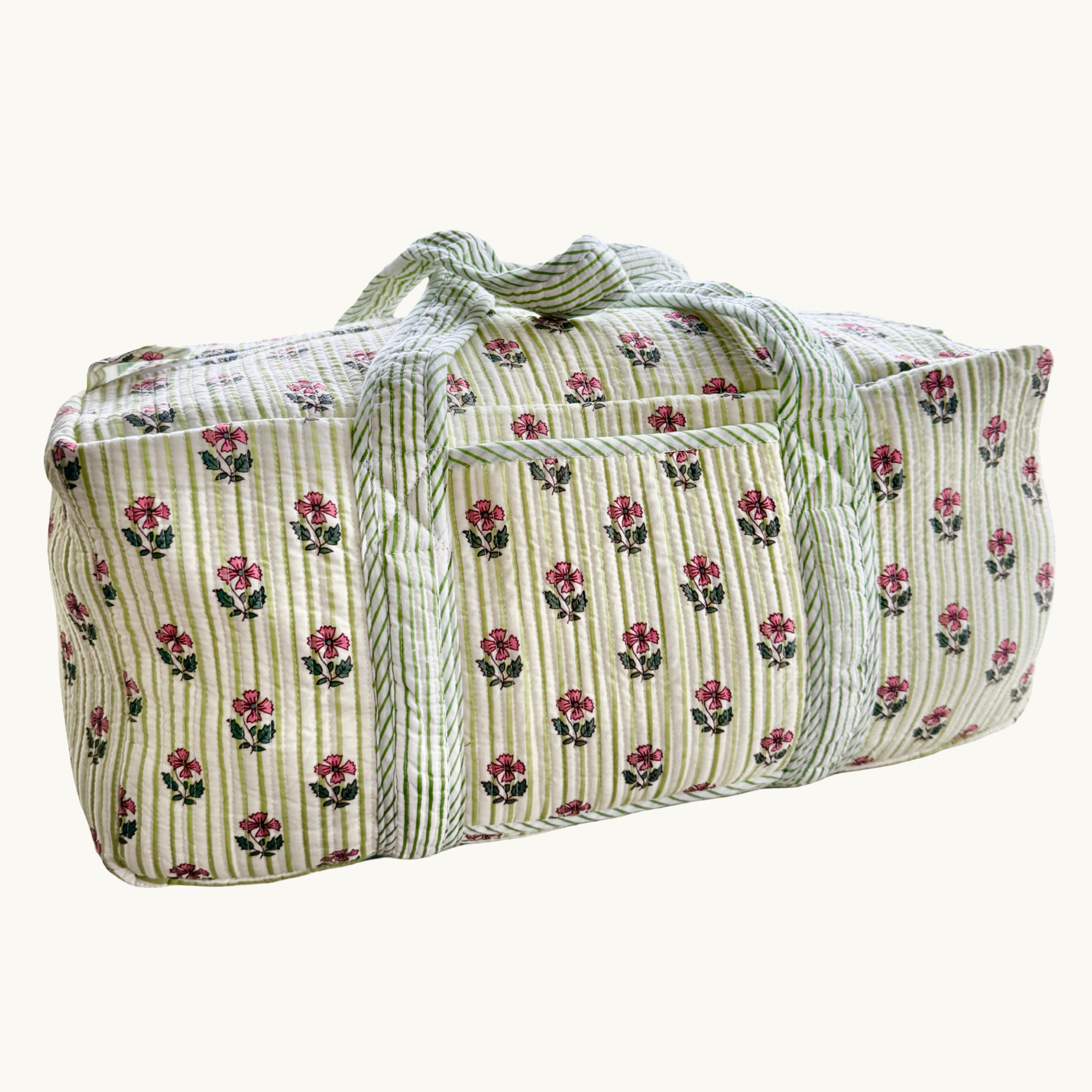 Green and Pink Floral Striped Weekend Bag