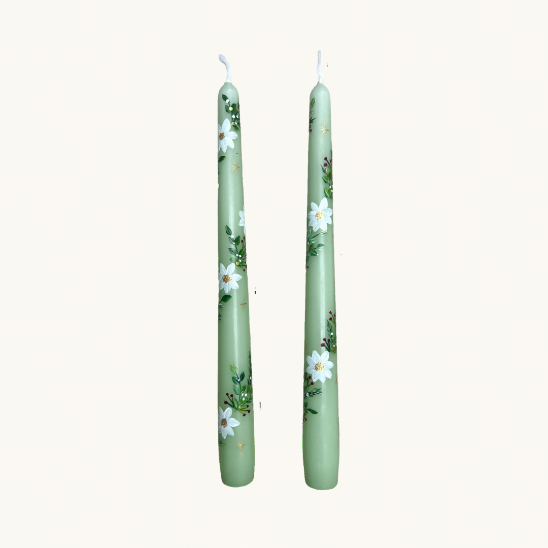 Green Festive Rose Handpainted Candle (Single)