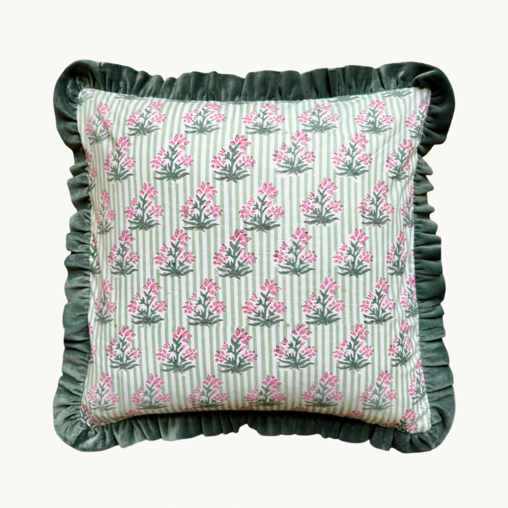 Green Johari Velvet Frill Square Cushion