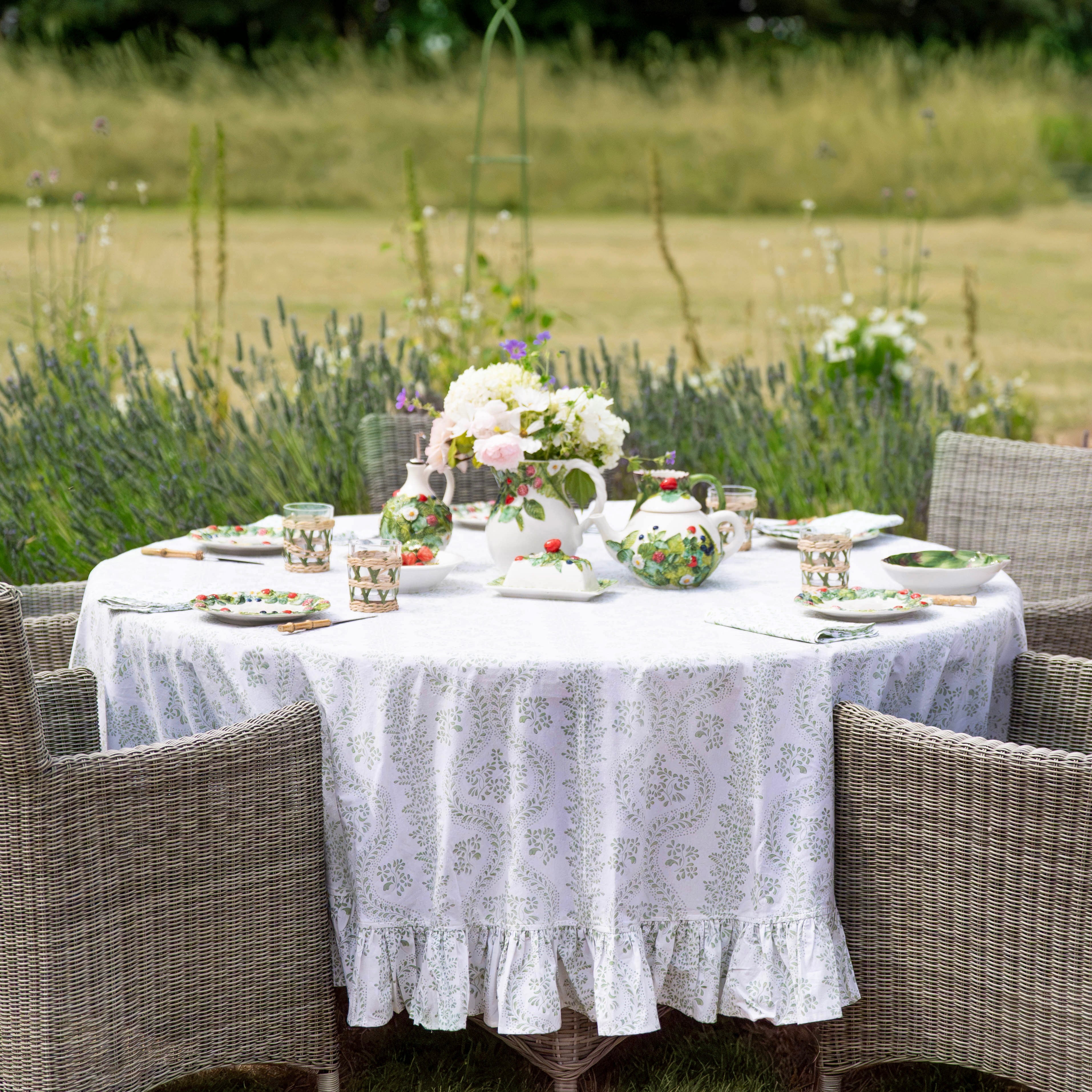 Green Rosalie Frilled Handblocked Tablecloth