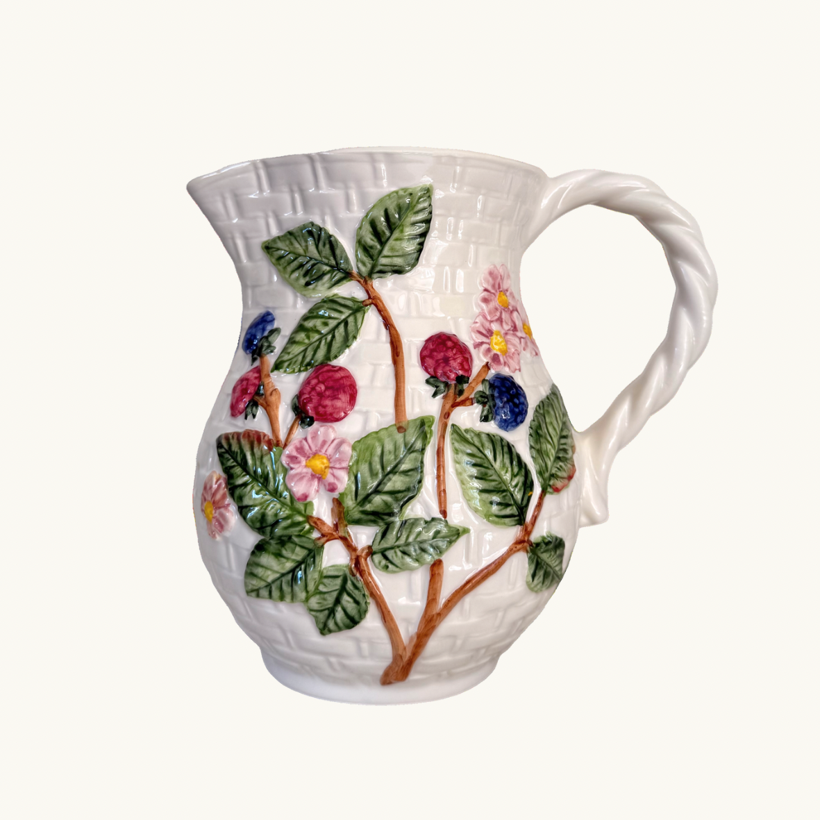 Berries and Flowers Basketweave Ceramic Jug