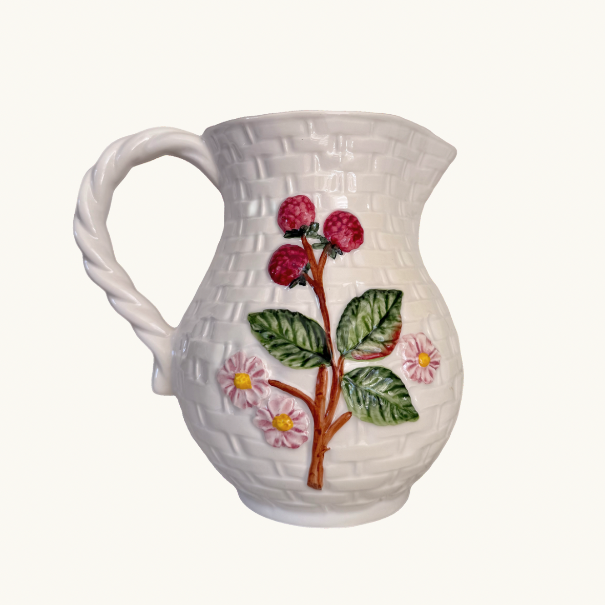 Berries and Flowers Basketweave Ceramic Jug