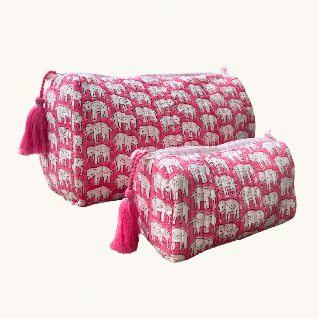 Pink Elephant Handblocked Wash Bag