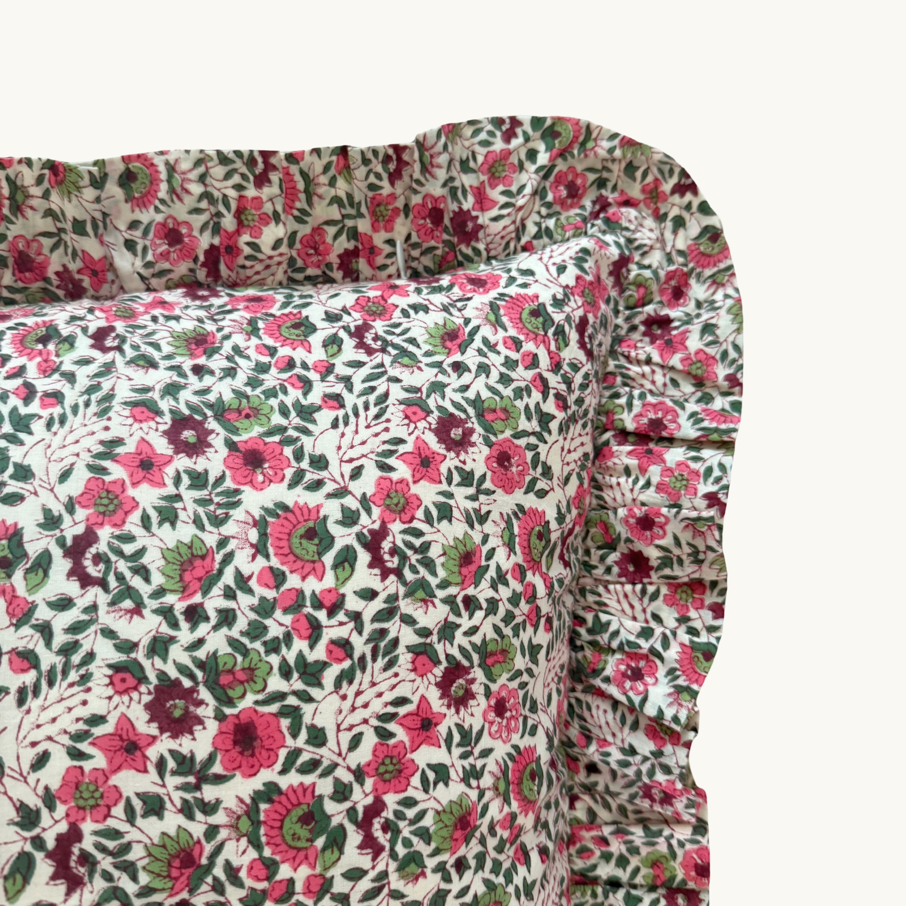 Pink Flora Handblocked Frilled Bolster Cushion