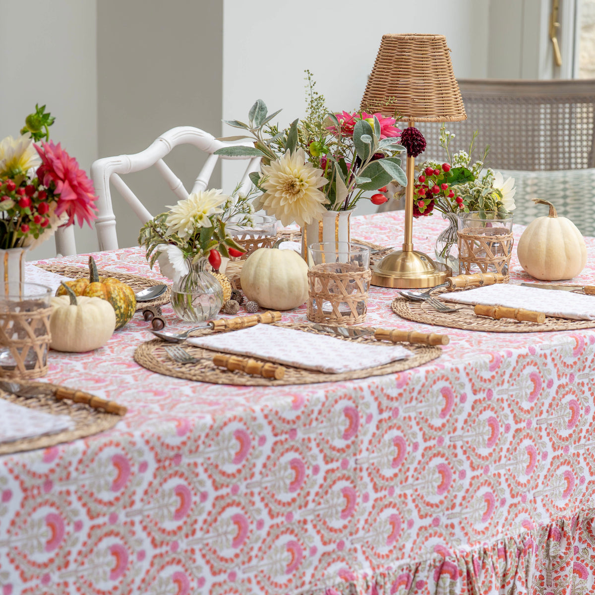 Pink Freya Frilled Handblocked Tablecloth