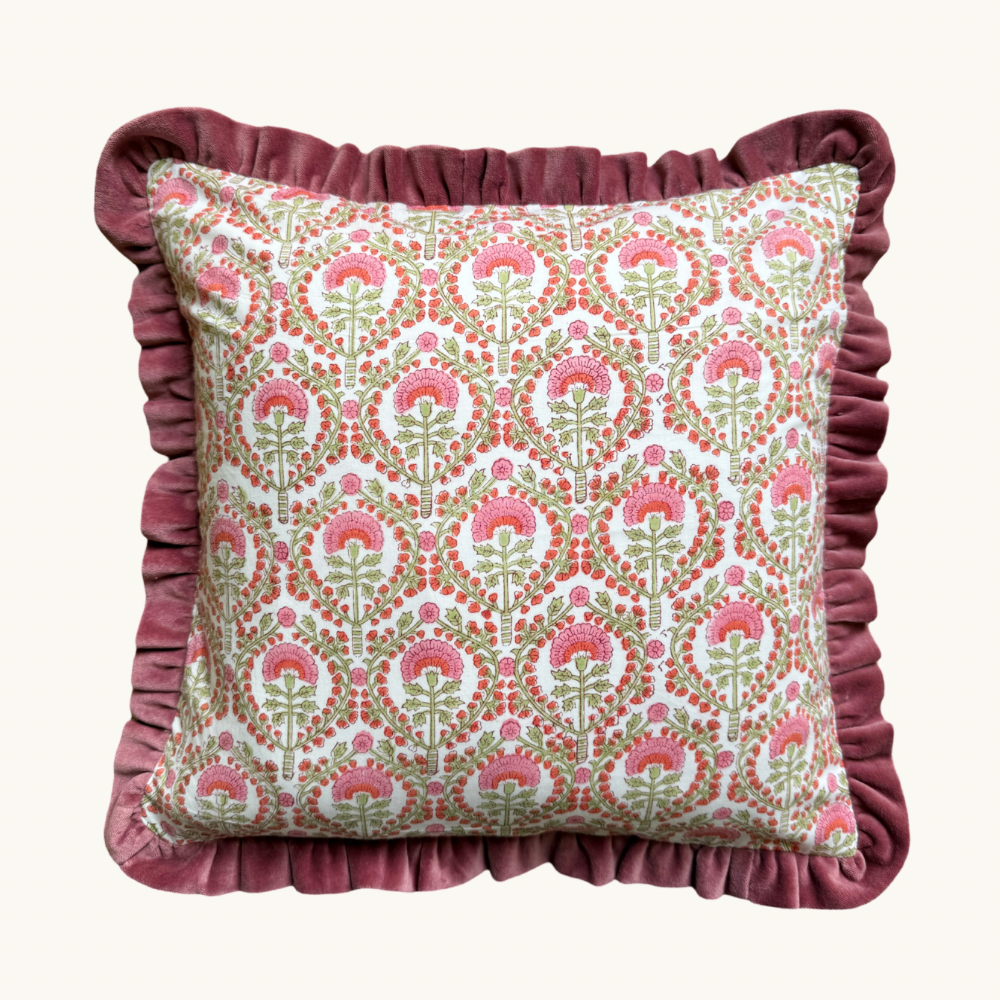 Pink Freya Velvet Frill Square Cushion