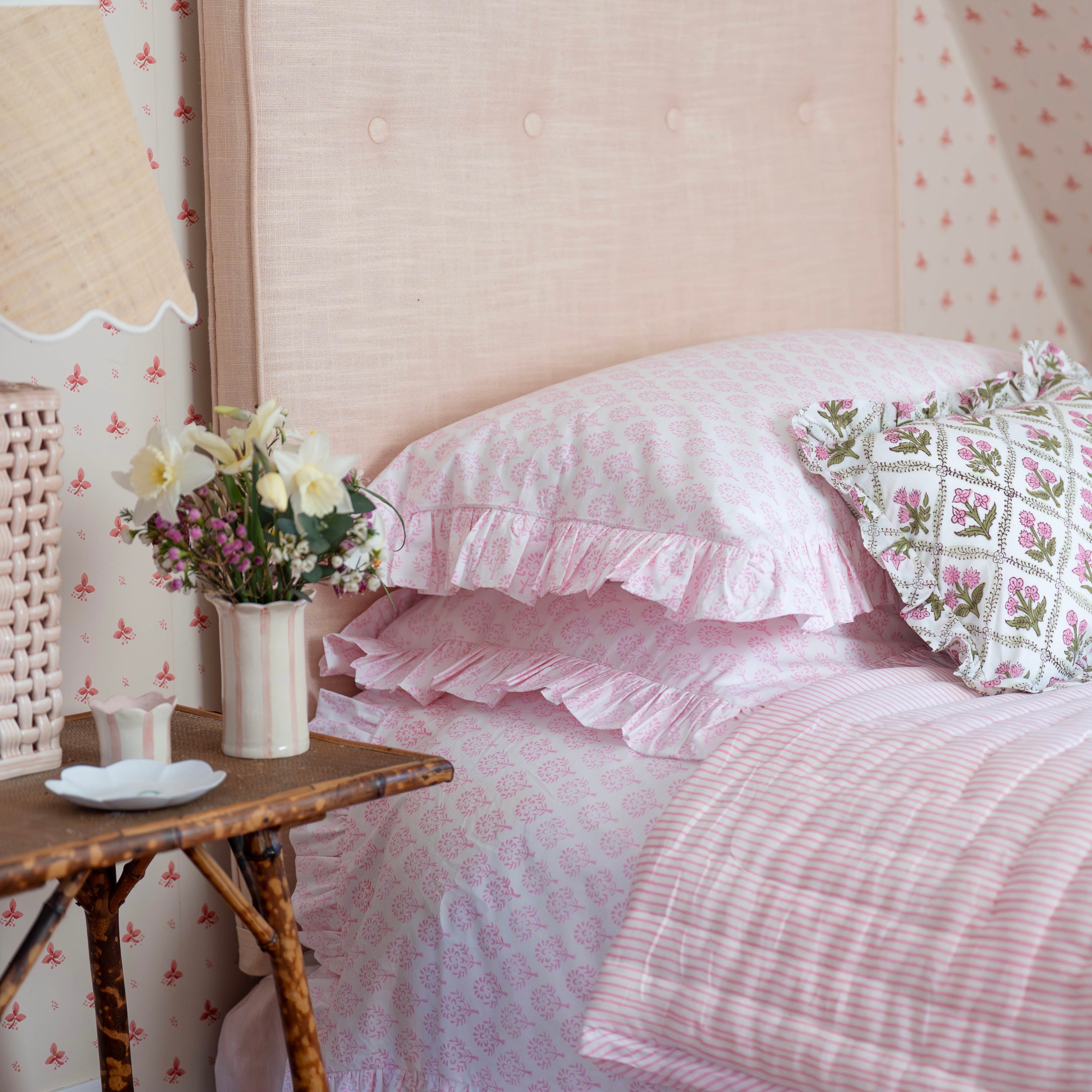 Pink Sprig Frilled Duvet Cover