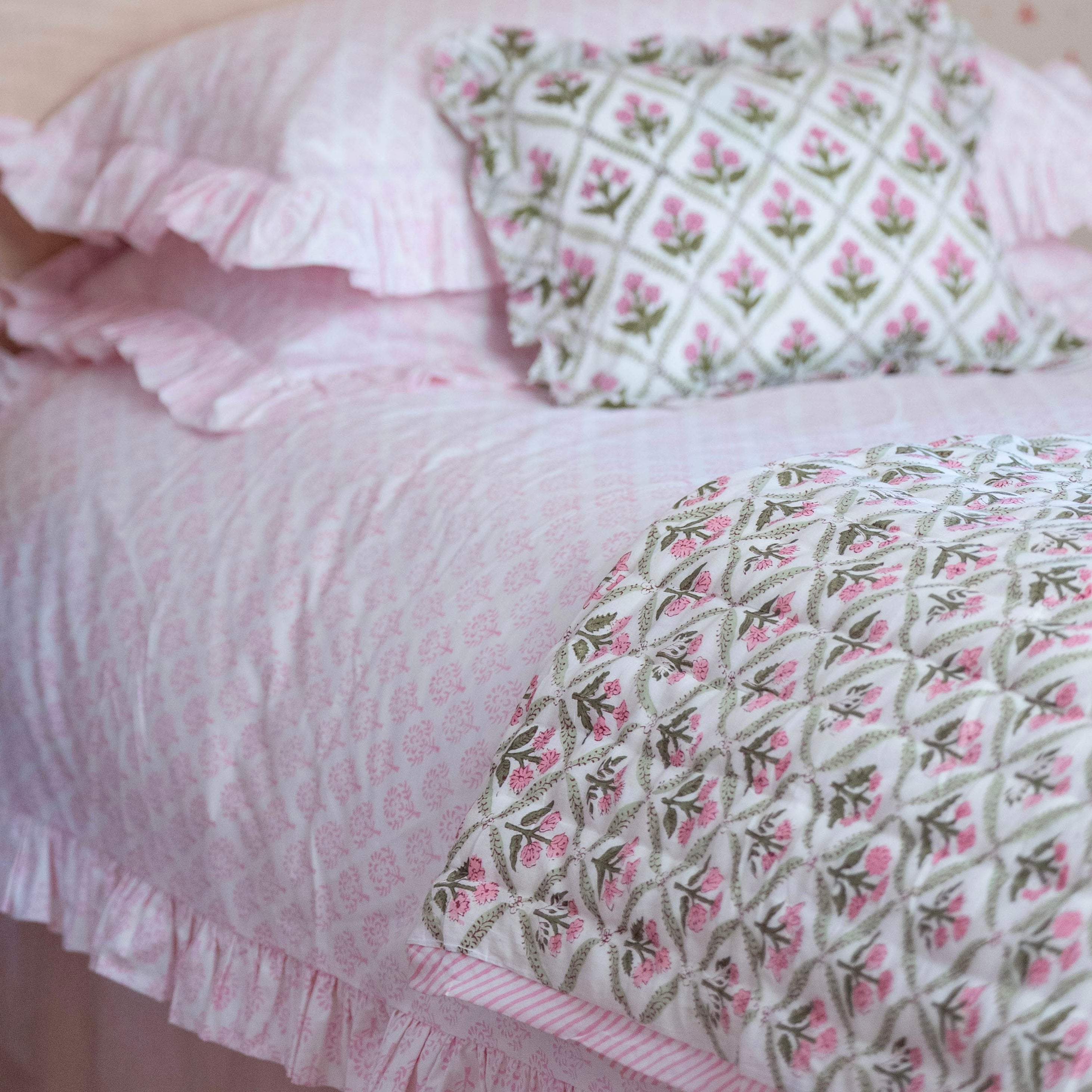 Pink and Green Trellis Handblocked Quilt