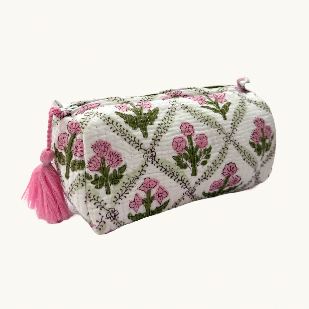 Pink and Green Trellis Handblocked Wash Bag