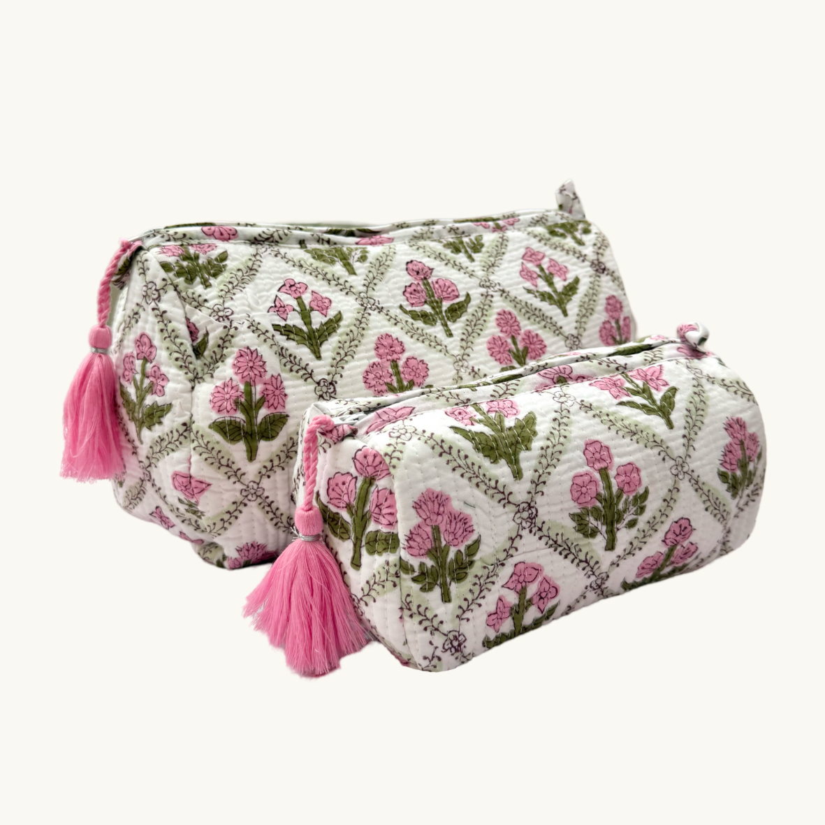 Pink and Green Trellis Handblocked Wash Bag