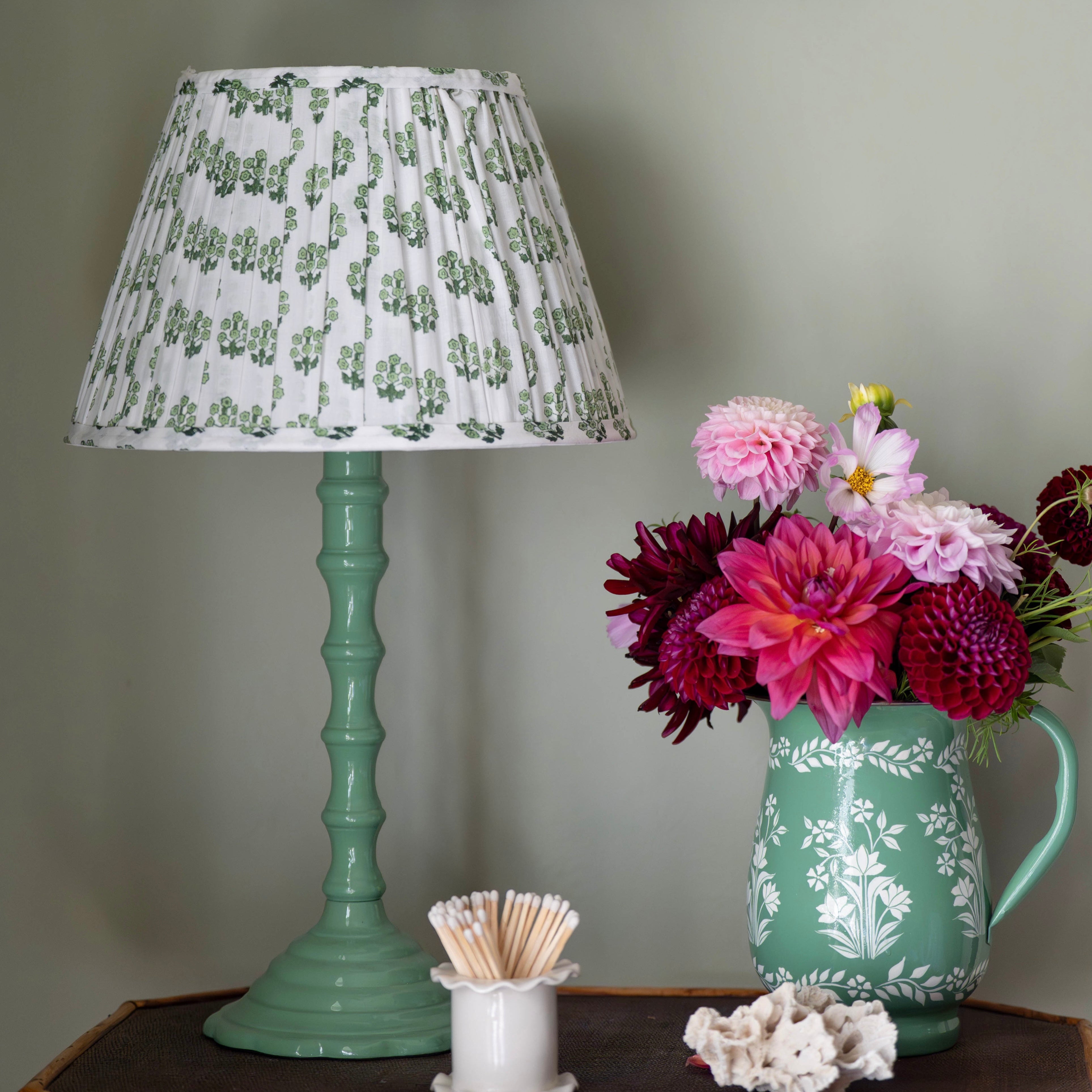 Green Daphne Handblocked Gathered Lampshade