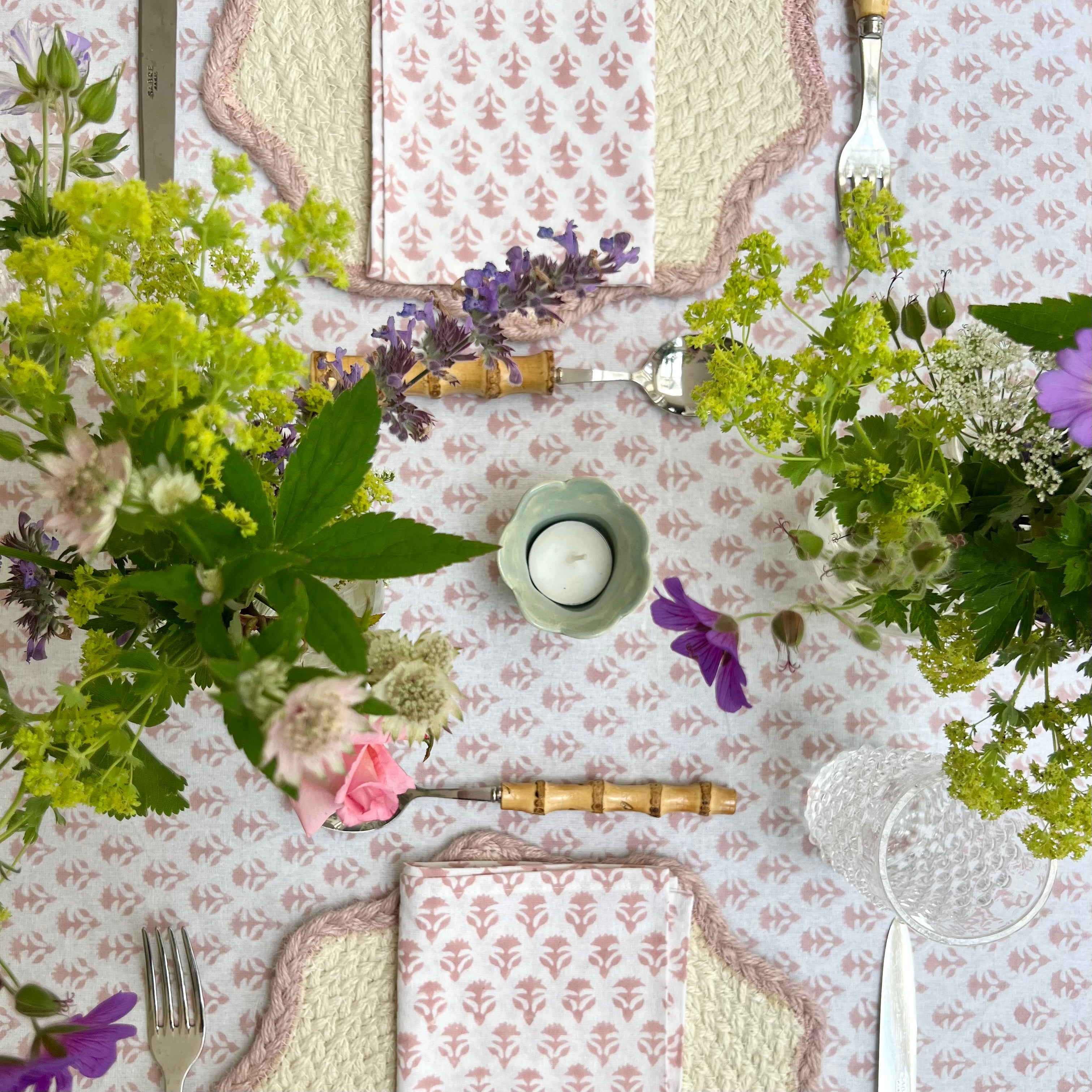 Blush Pink Carnation Handblocked Tablecloth