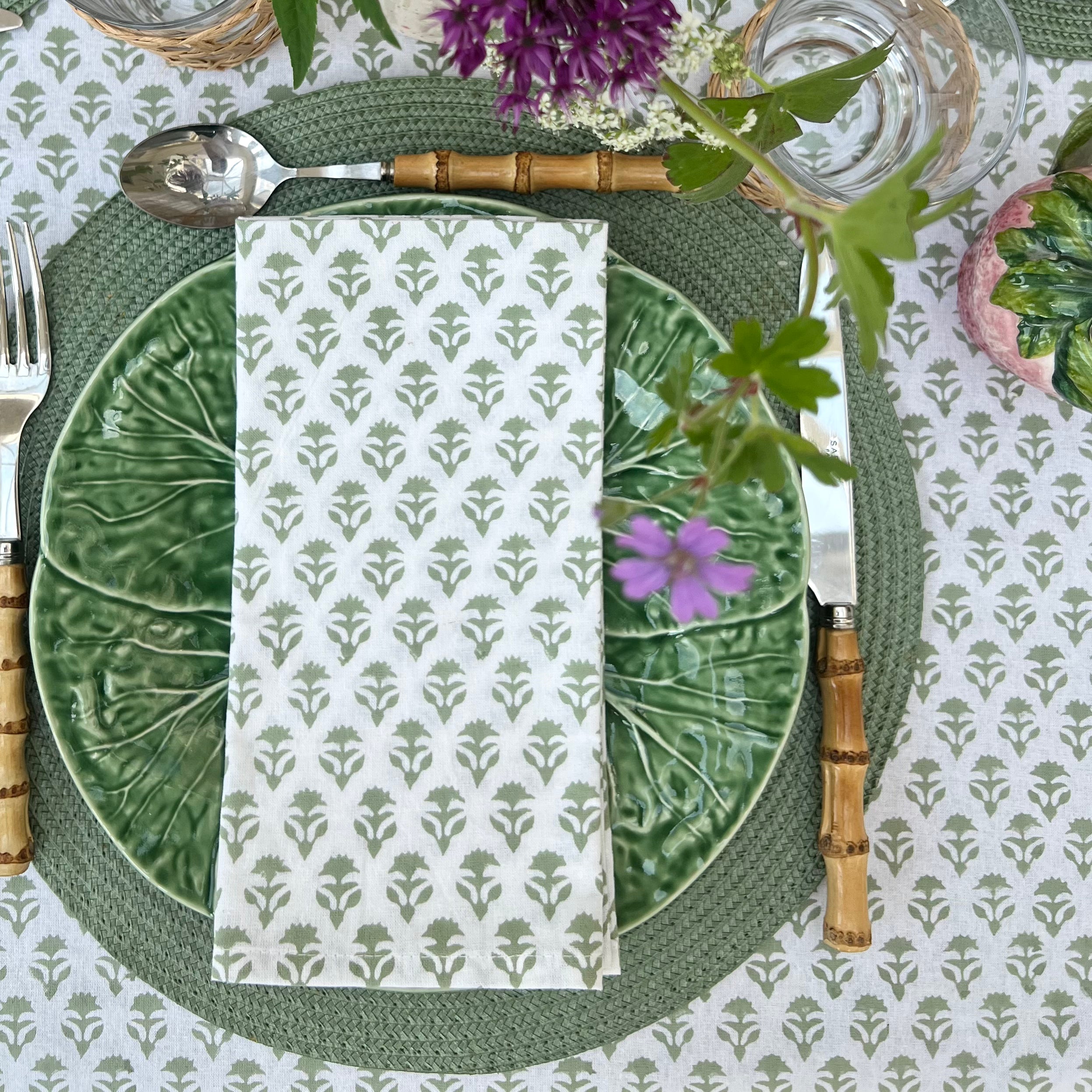 Sage Green Carnation Handblocked Tablecloth