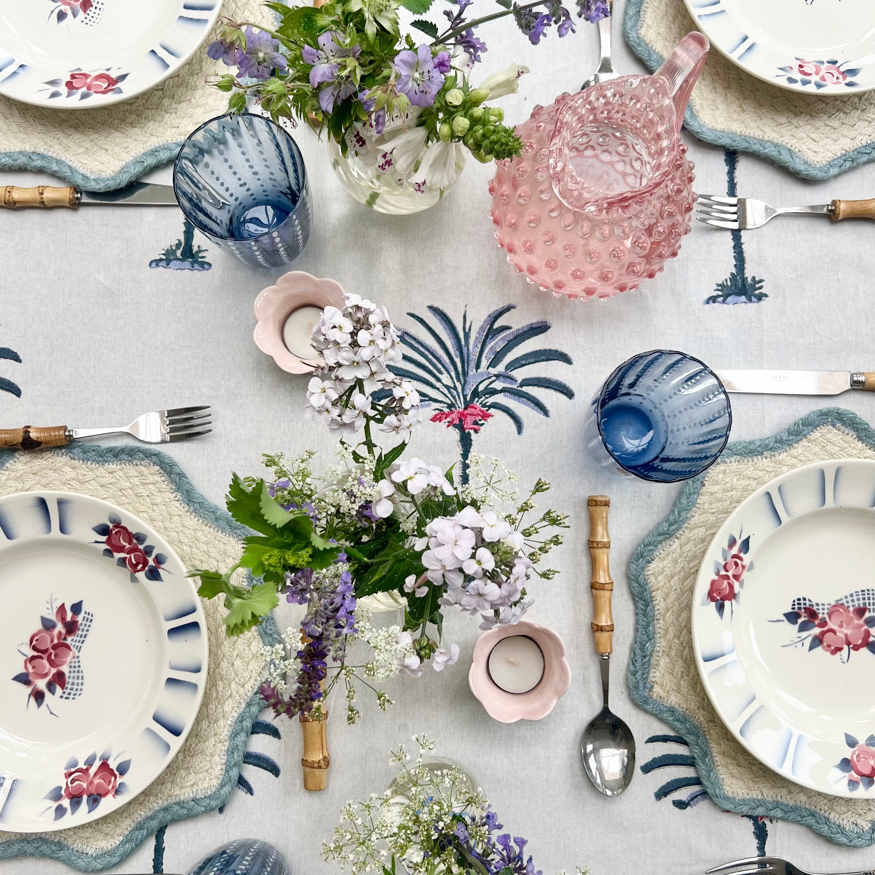 Blue Palm Tree Handblocked Tablecloth