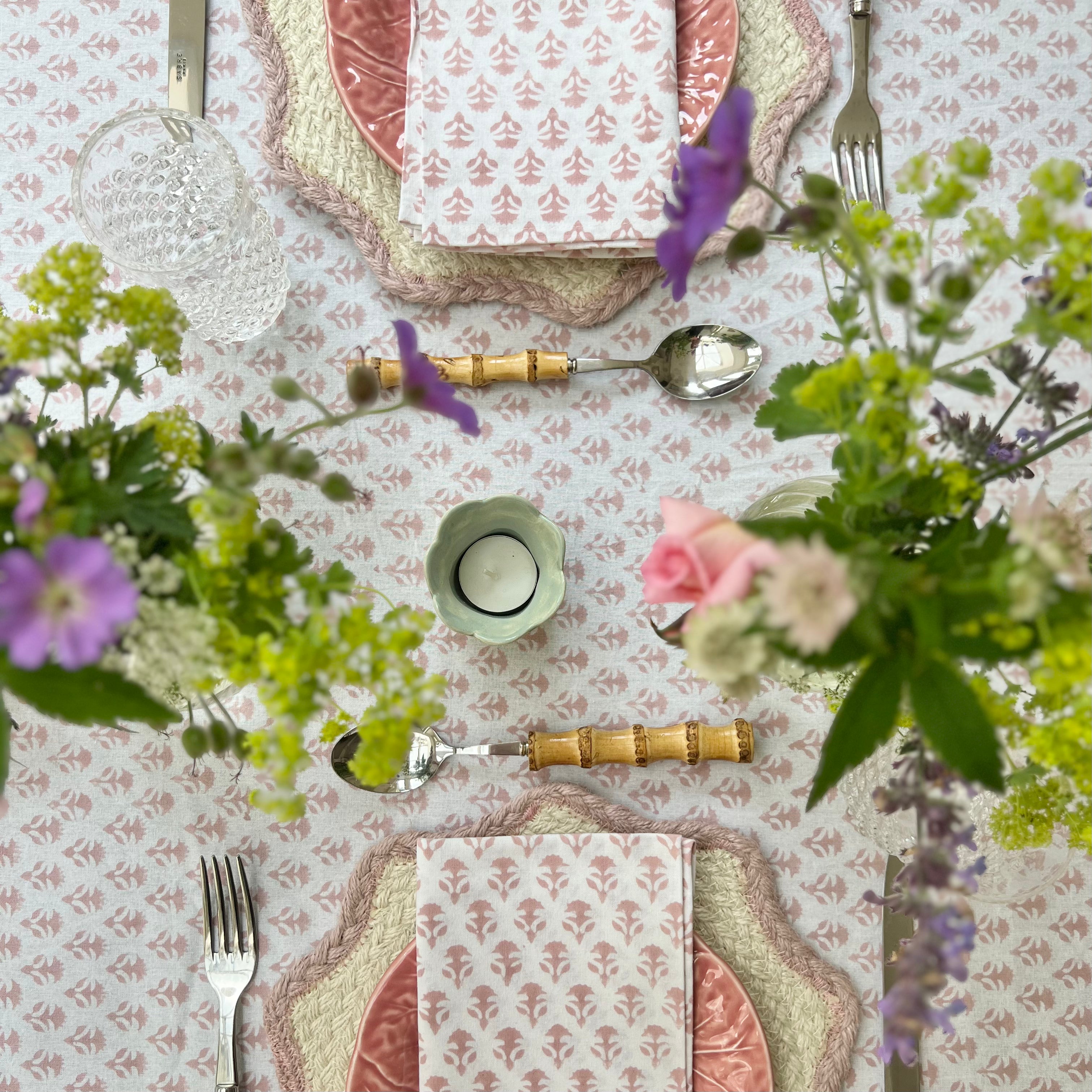 Blush Pink Carnation Handblocked Tablecloth