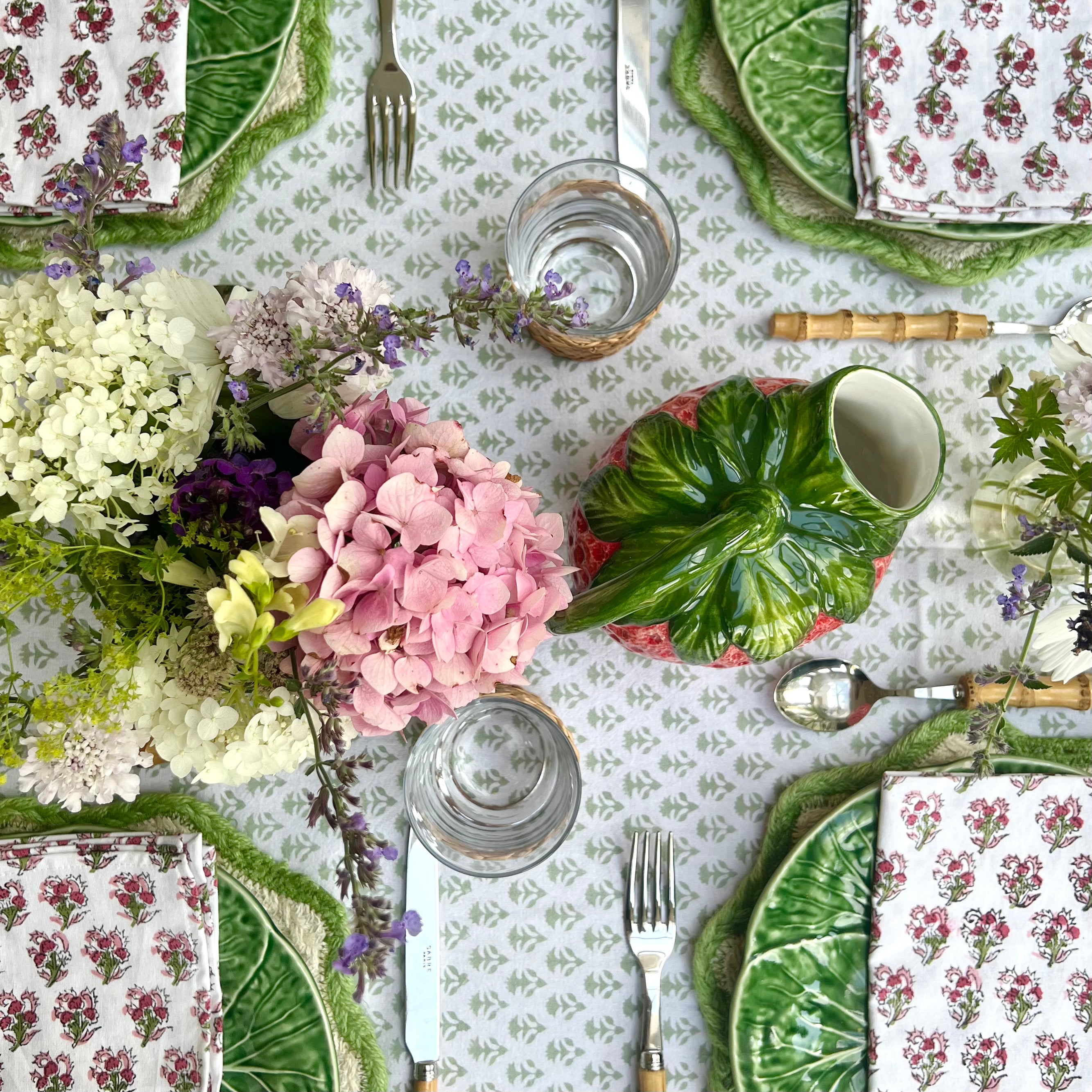 Sage Green Carnation Handblocked Tablecloth