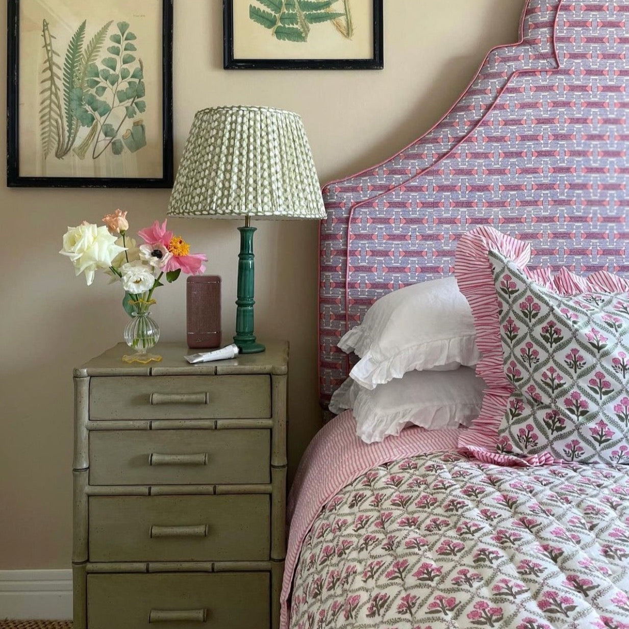 Pink and Green Trellis Handblocked Quilt