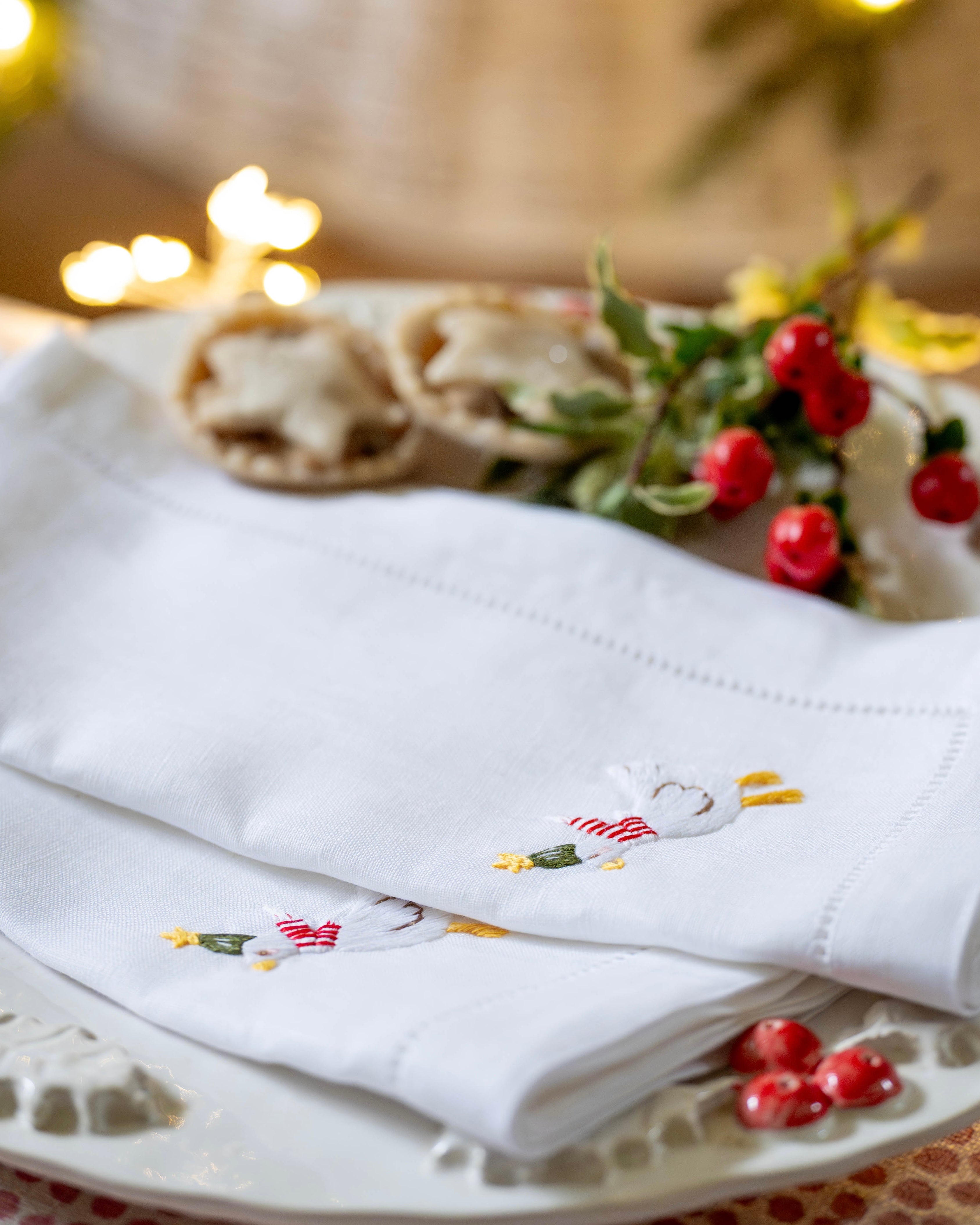 Christmas Goose Embroidered Napkins (Set of 2)