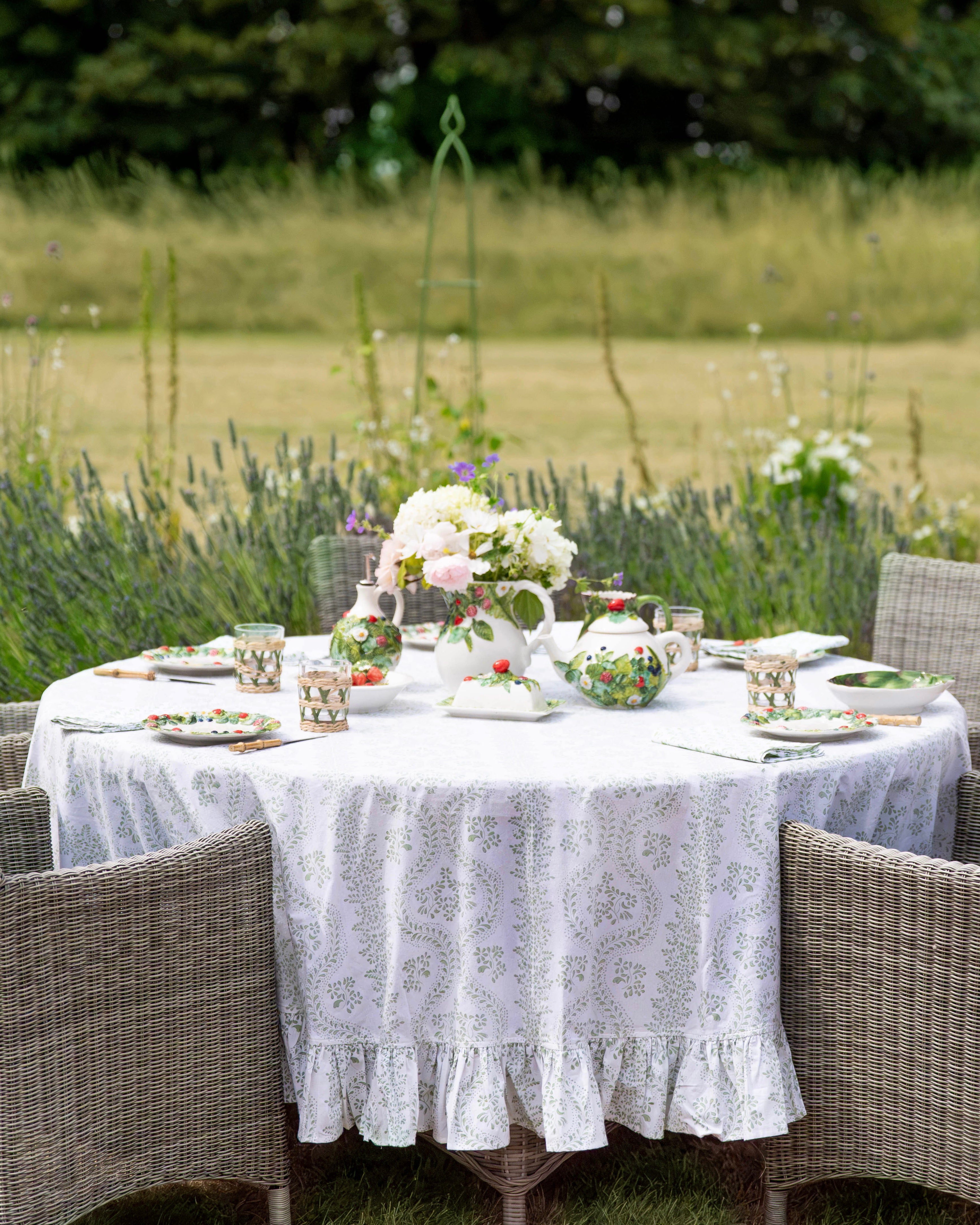 Green Rosalie Frilled Handblocked Tablecloth