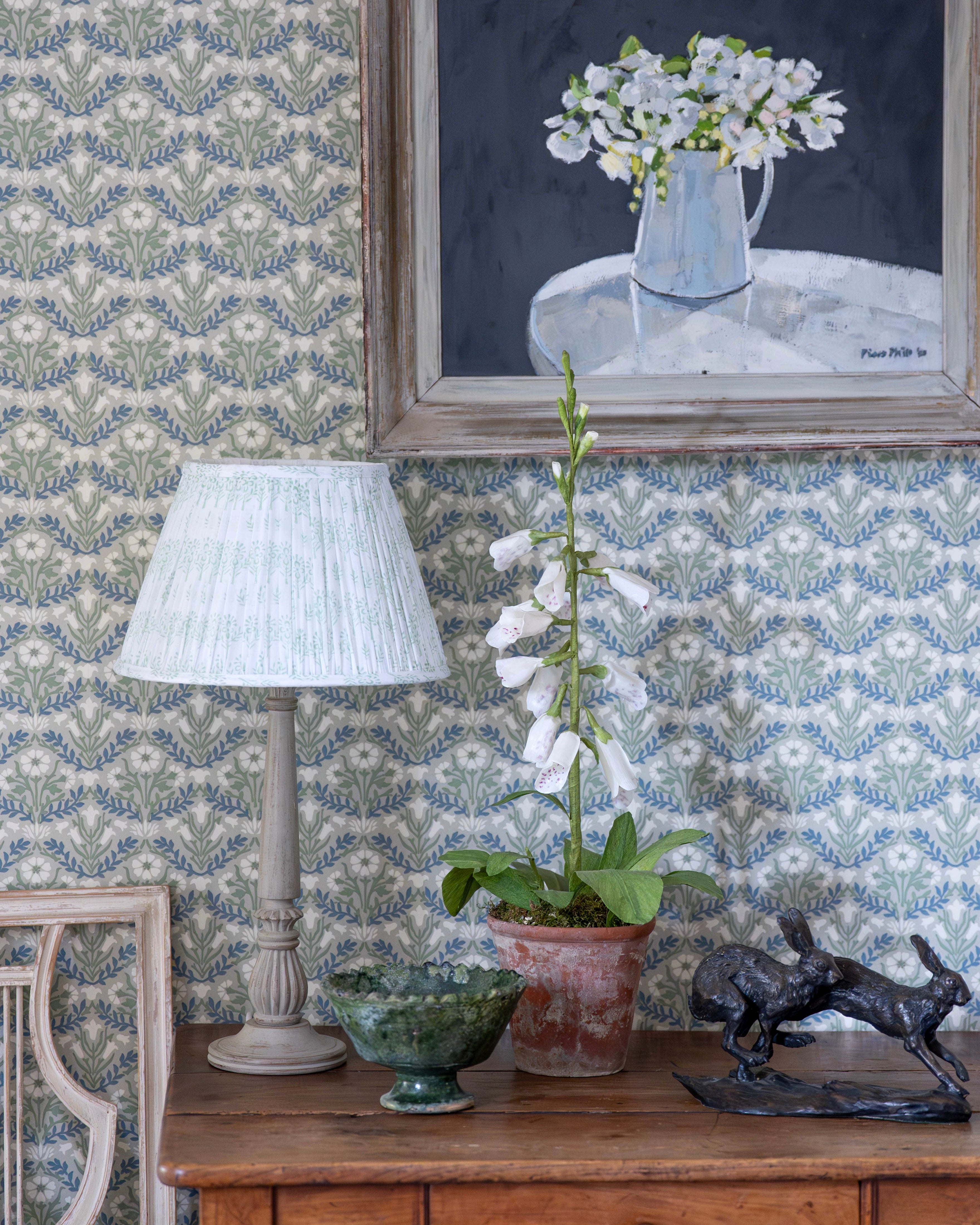 Green Sprig Handblocked Gathered Lampshade