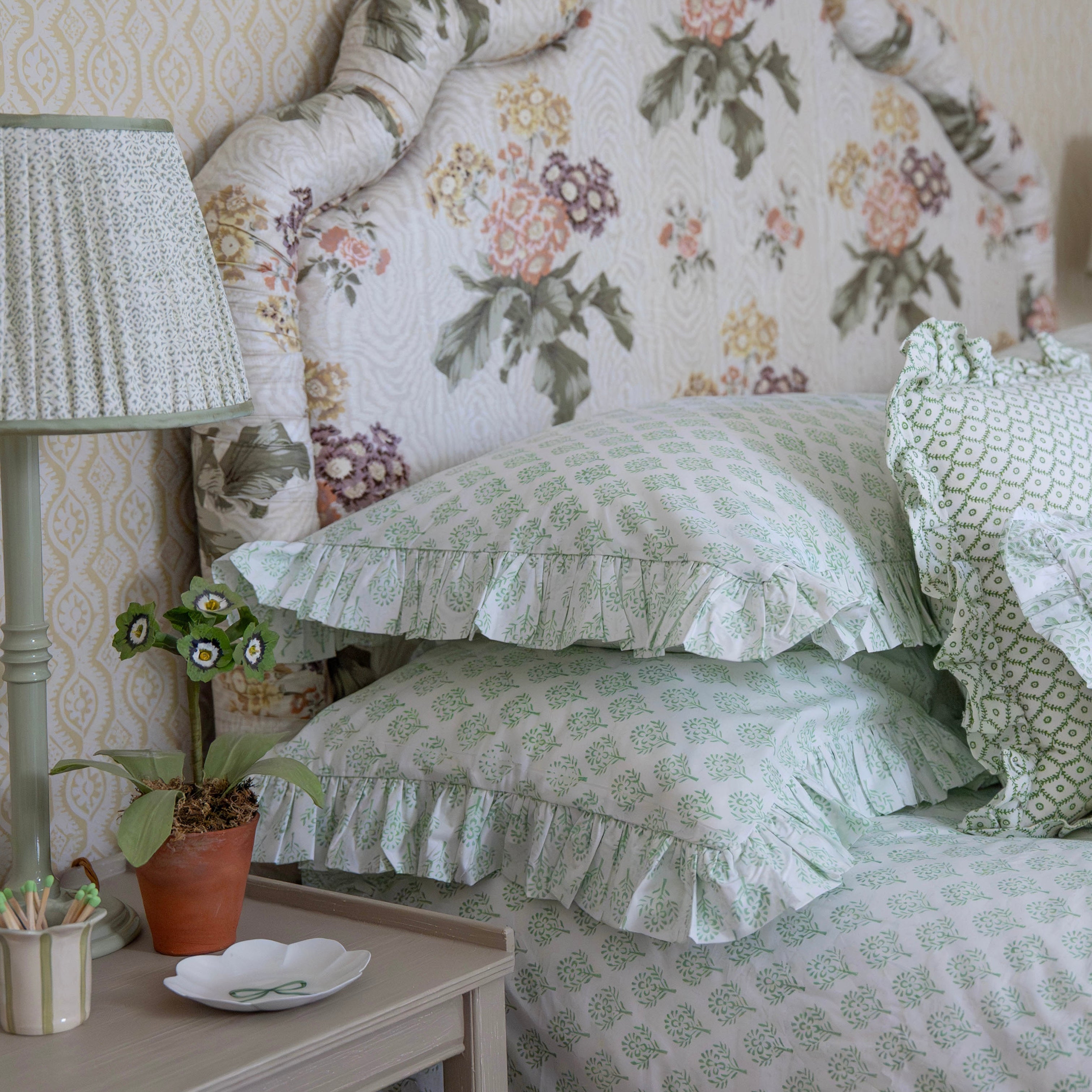 Green Sprig Handblocked Frilled Pillowcase