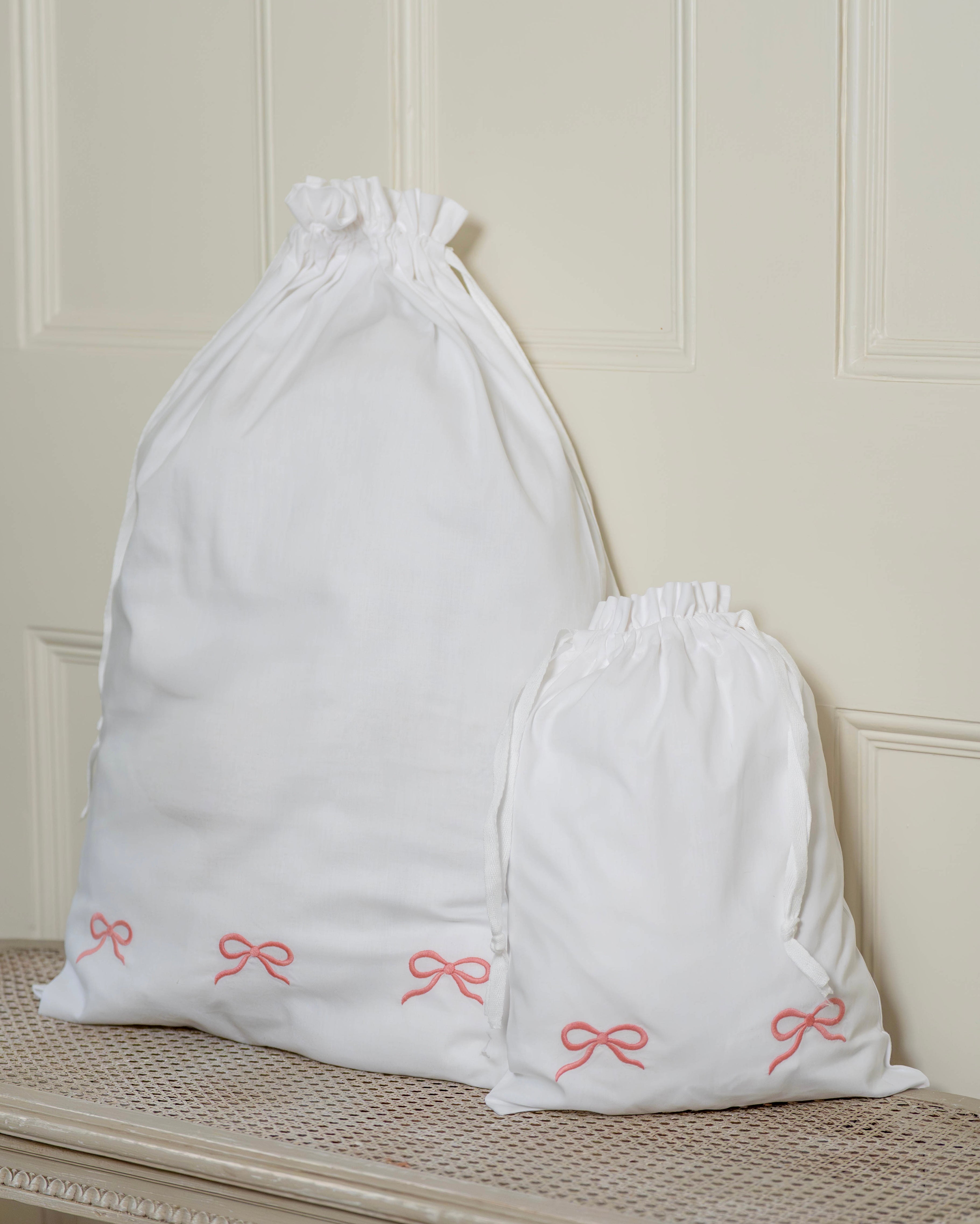 Pink Bow Embroidered Cotton Laundry Bag