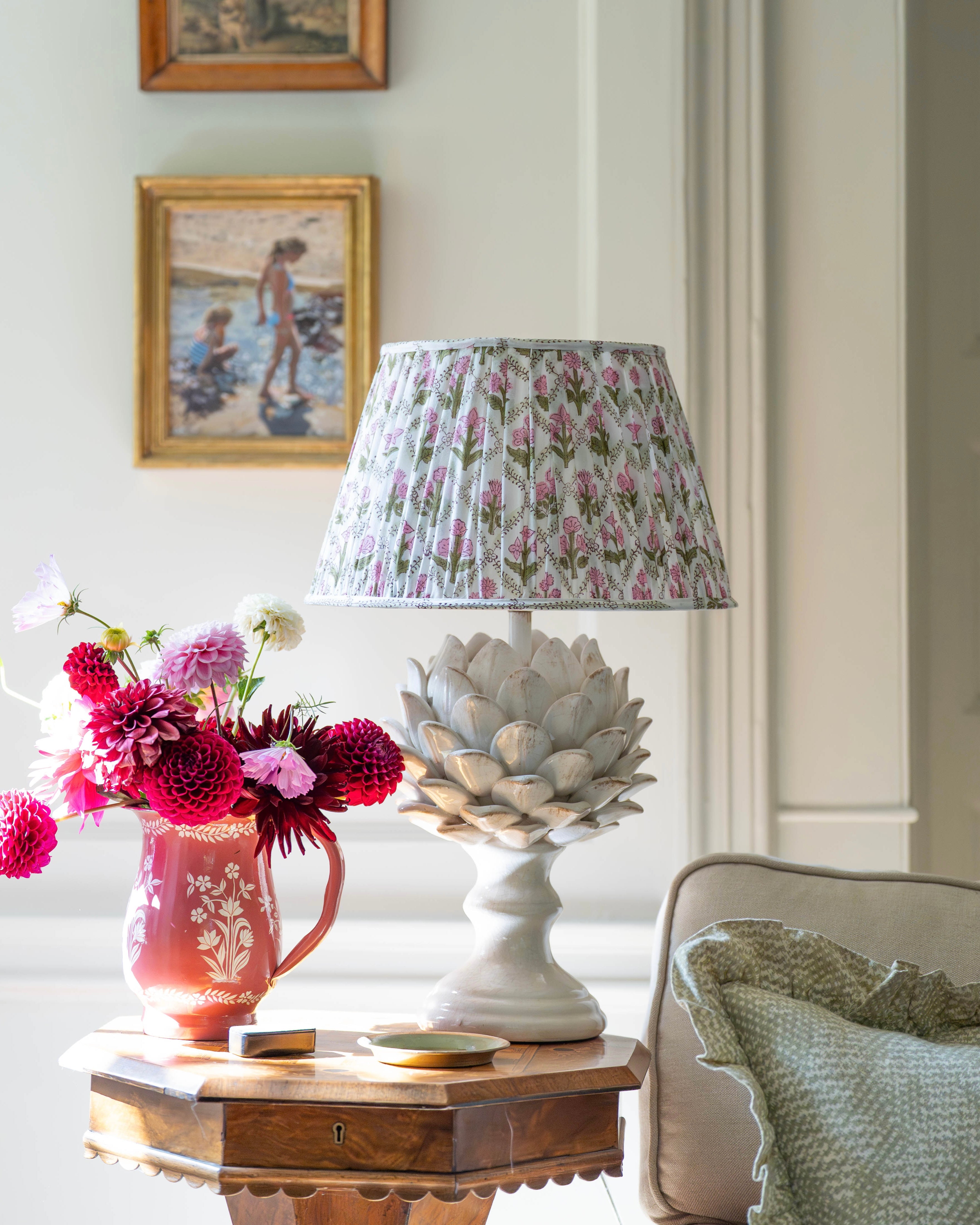 Pink and Green Trellis Handblocked Gathered Lampshade