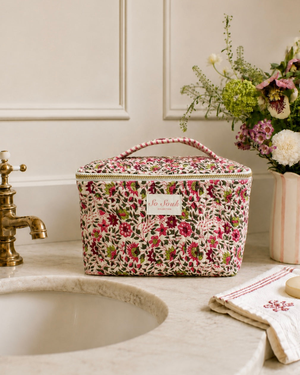 Pink Flora Handblocked Cosmetic Case