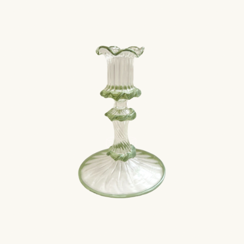 Dusty Green Frilled Glass Candlestick