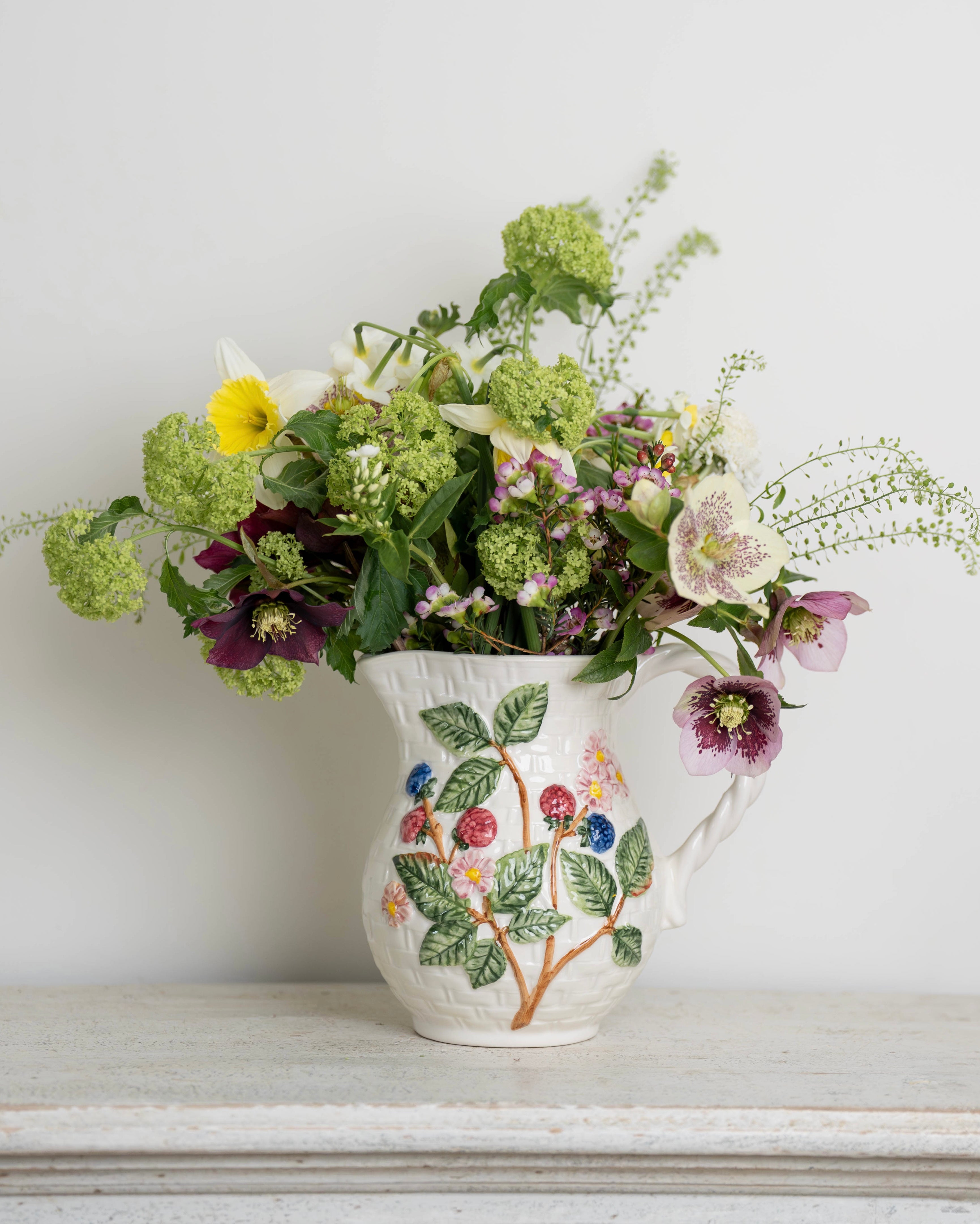 Berries and Flowers Basketweave Ceramic Jug