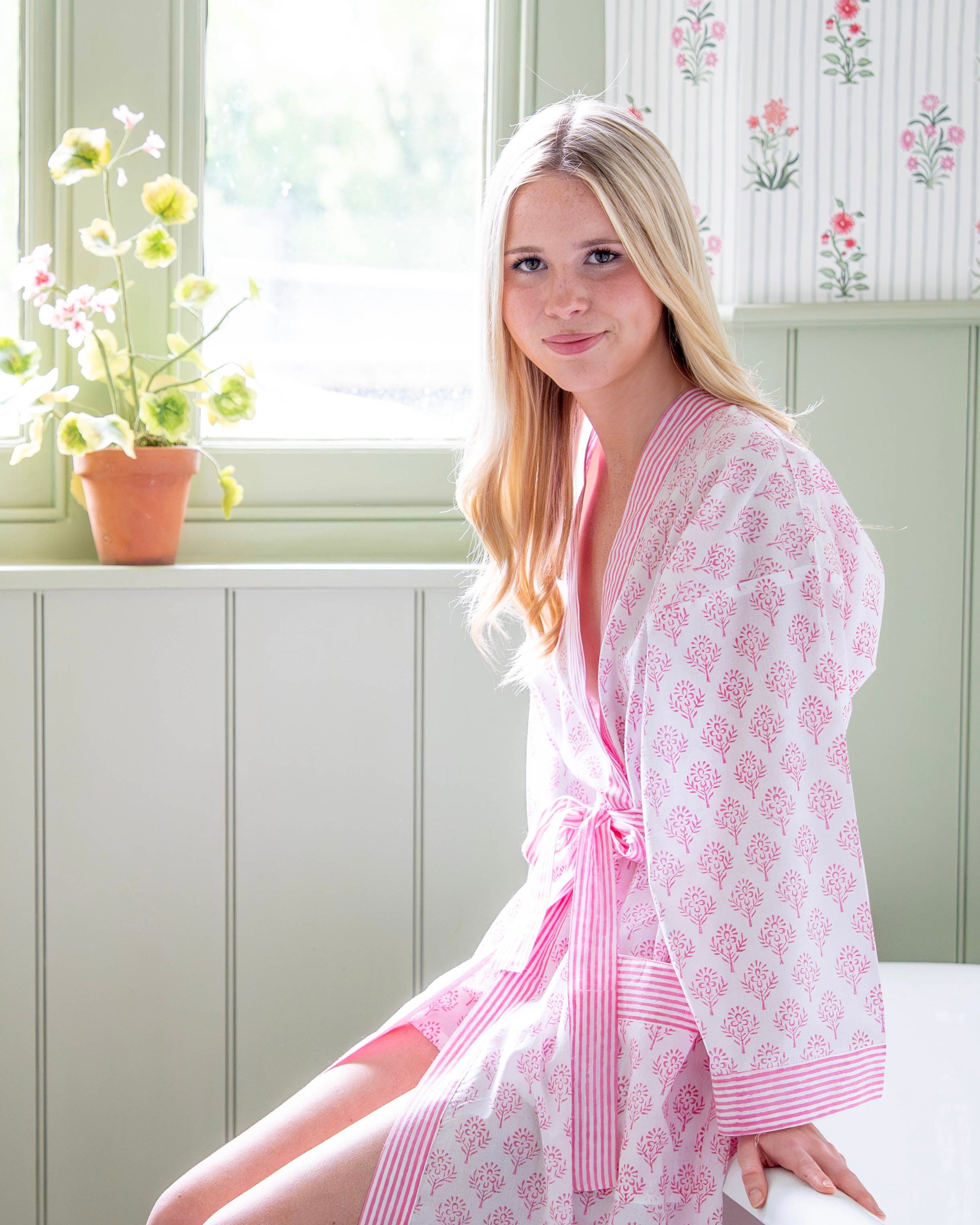 Pink Sprig Cotton Bathrobe