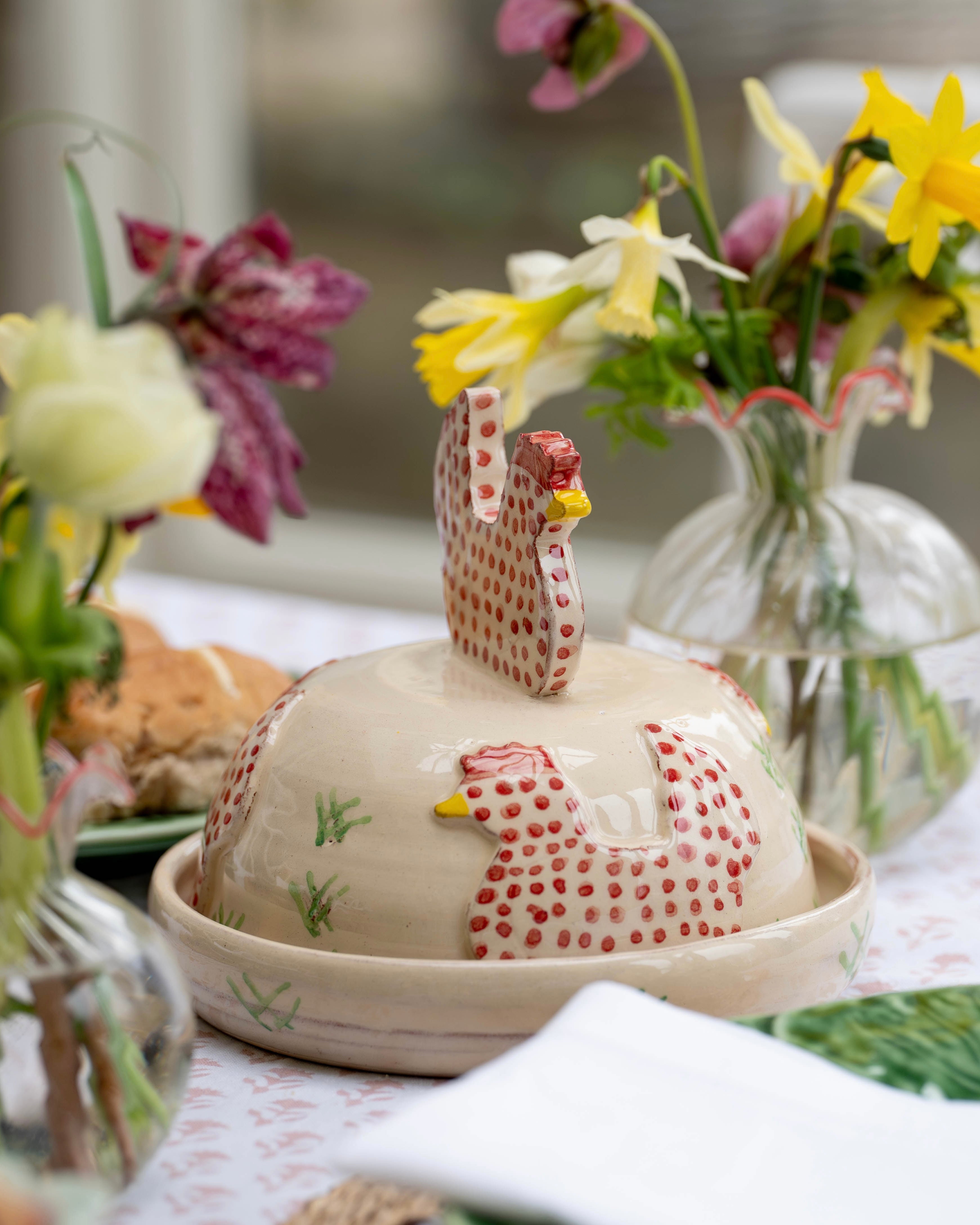 Pink Spotty Hens Butter Dish