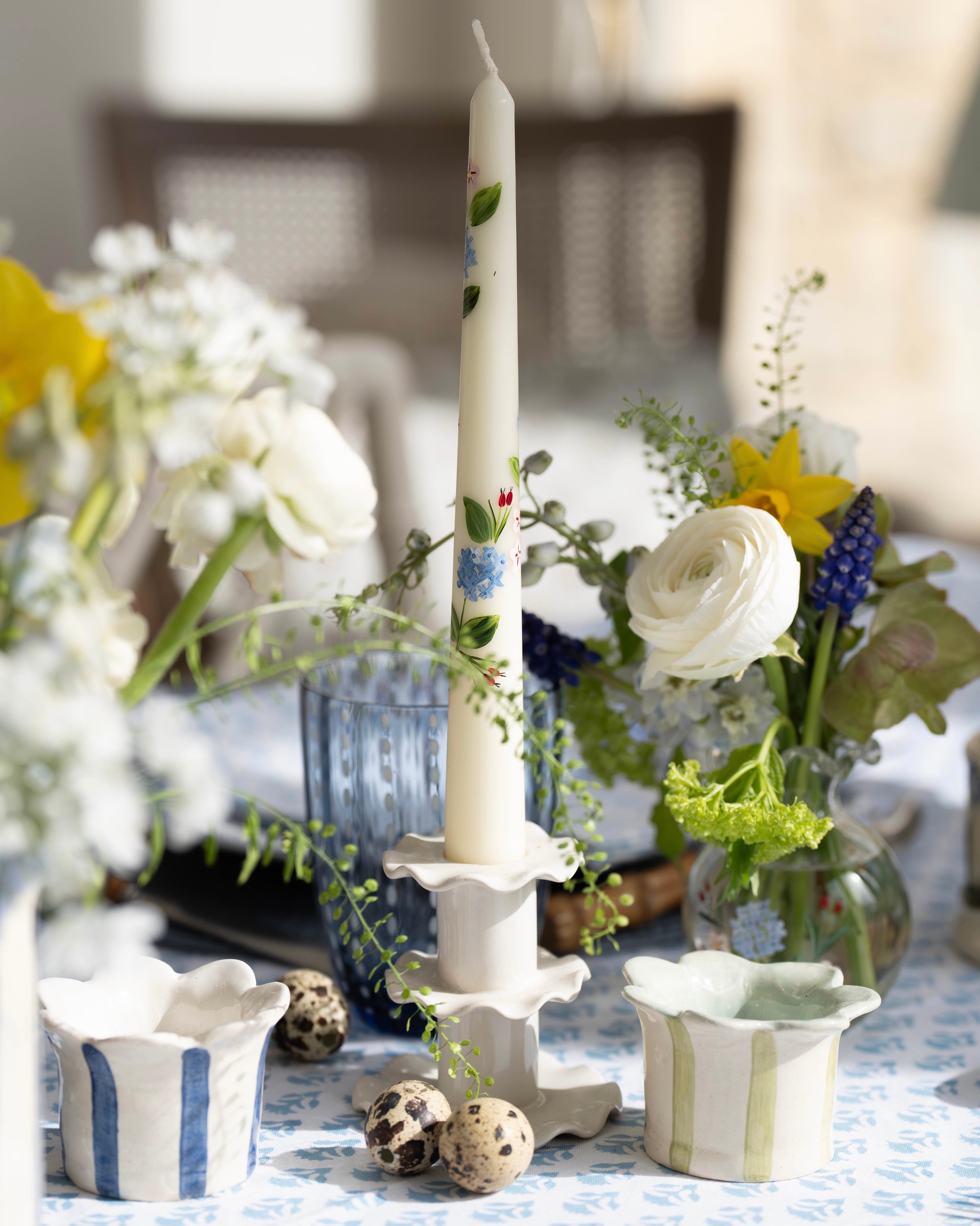 Blue Hydrangea and Rosehips Handpainted Candle (Single)