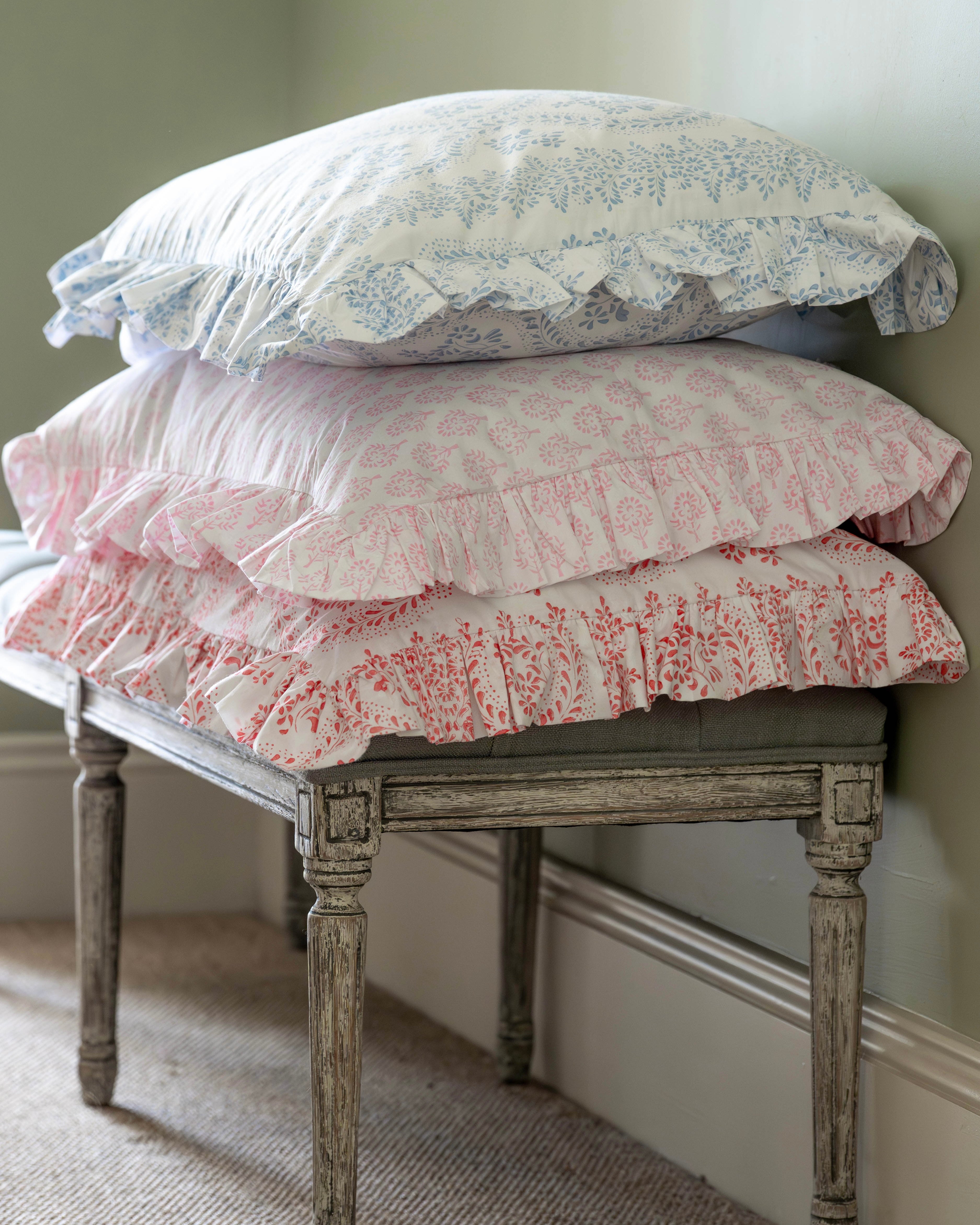 Pink Sprig Handblocked Frilled Pillowcase