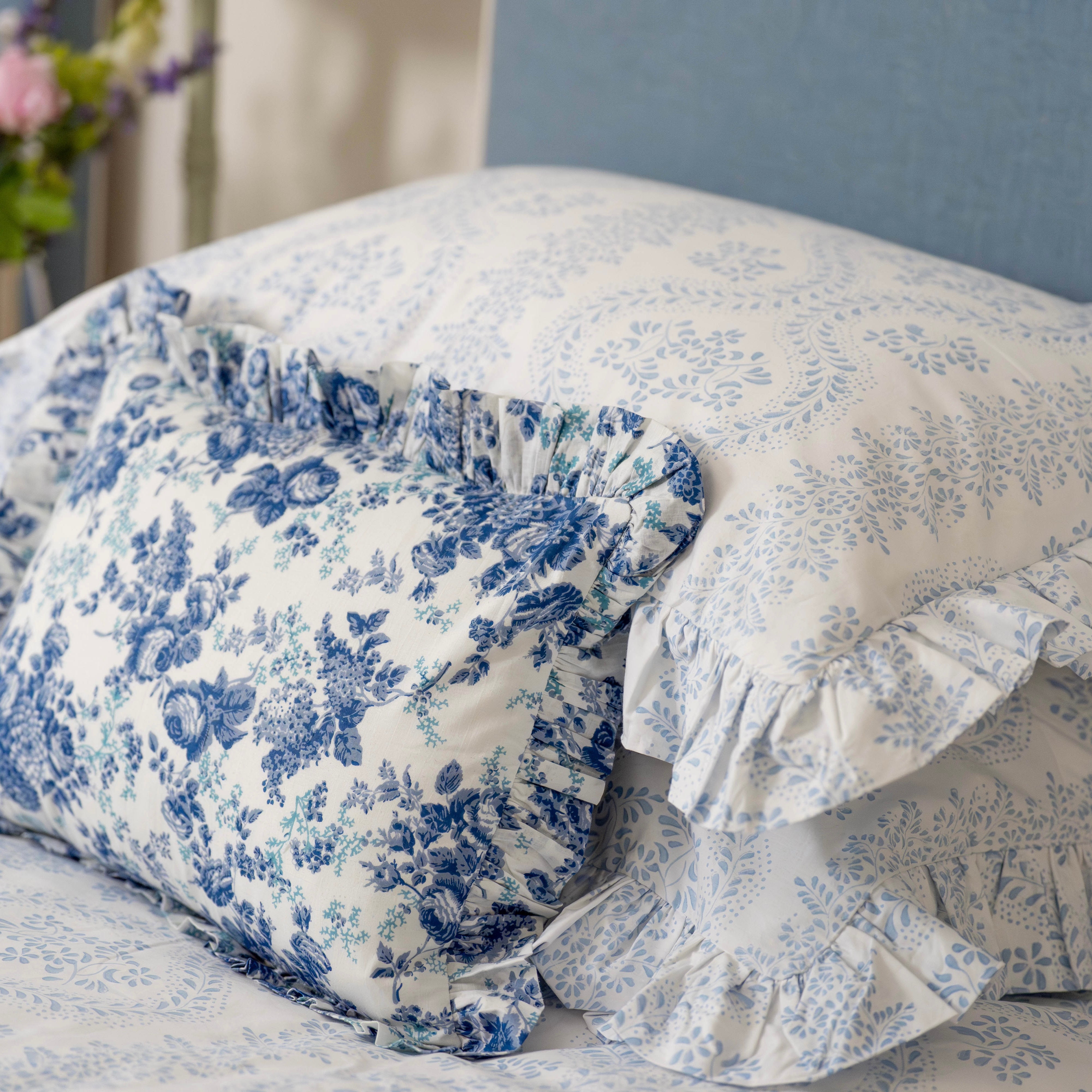 Blue Country Floral Frilled Cushion