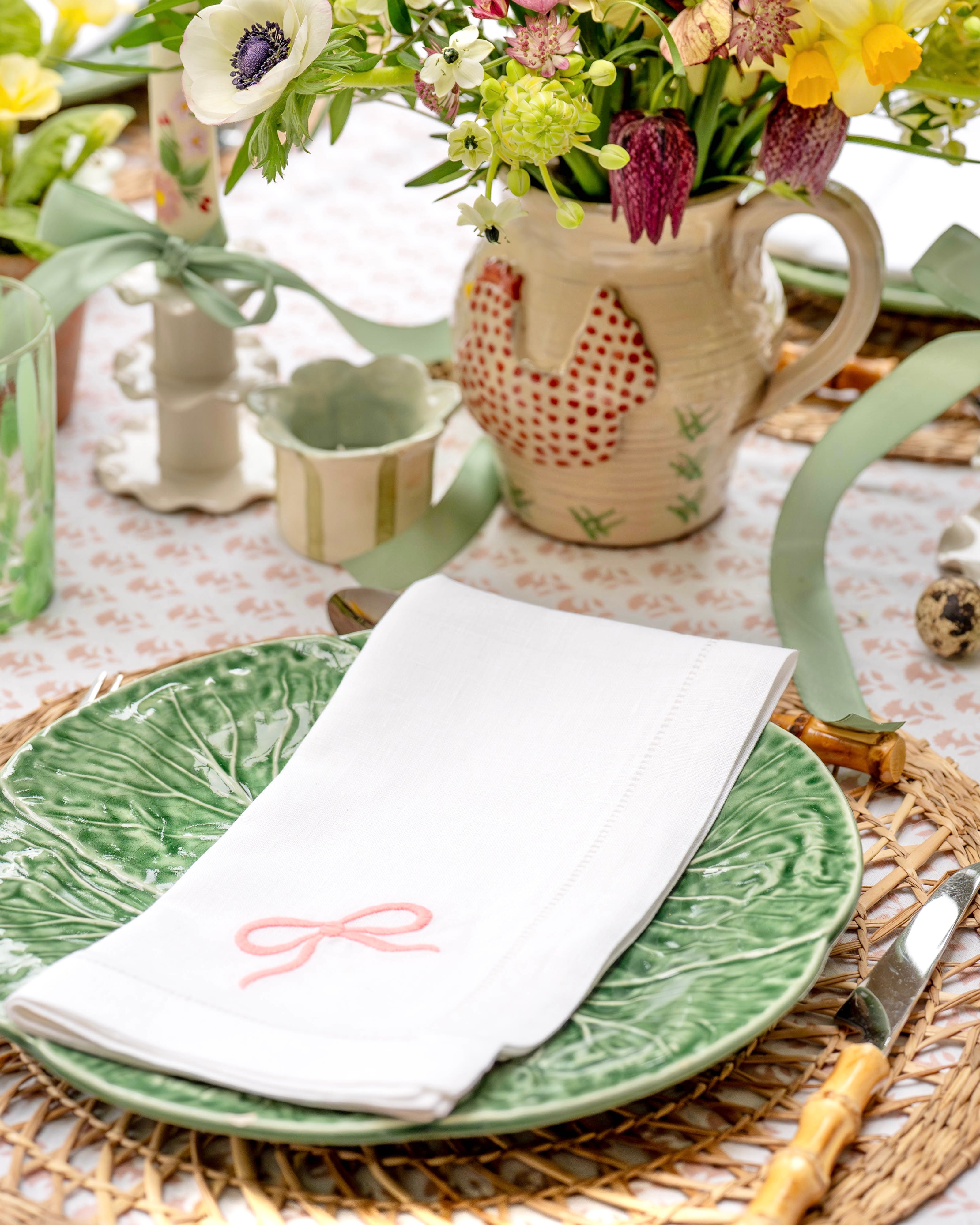 Pink Bow Embroidered Napkins (Set of 2)