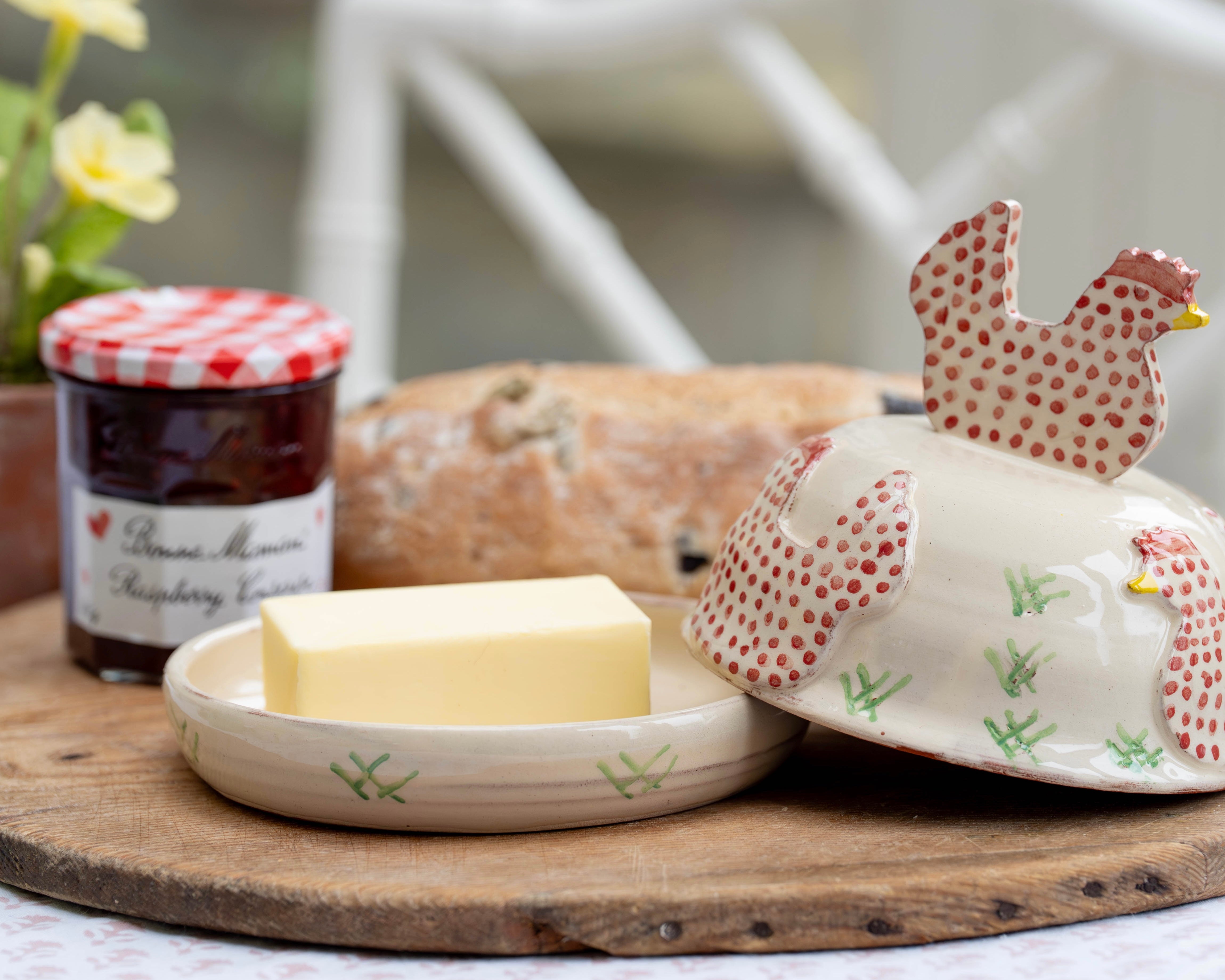 Pink Spotty Hens Butter Dish