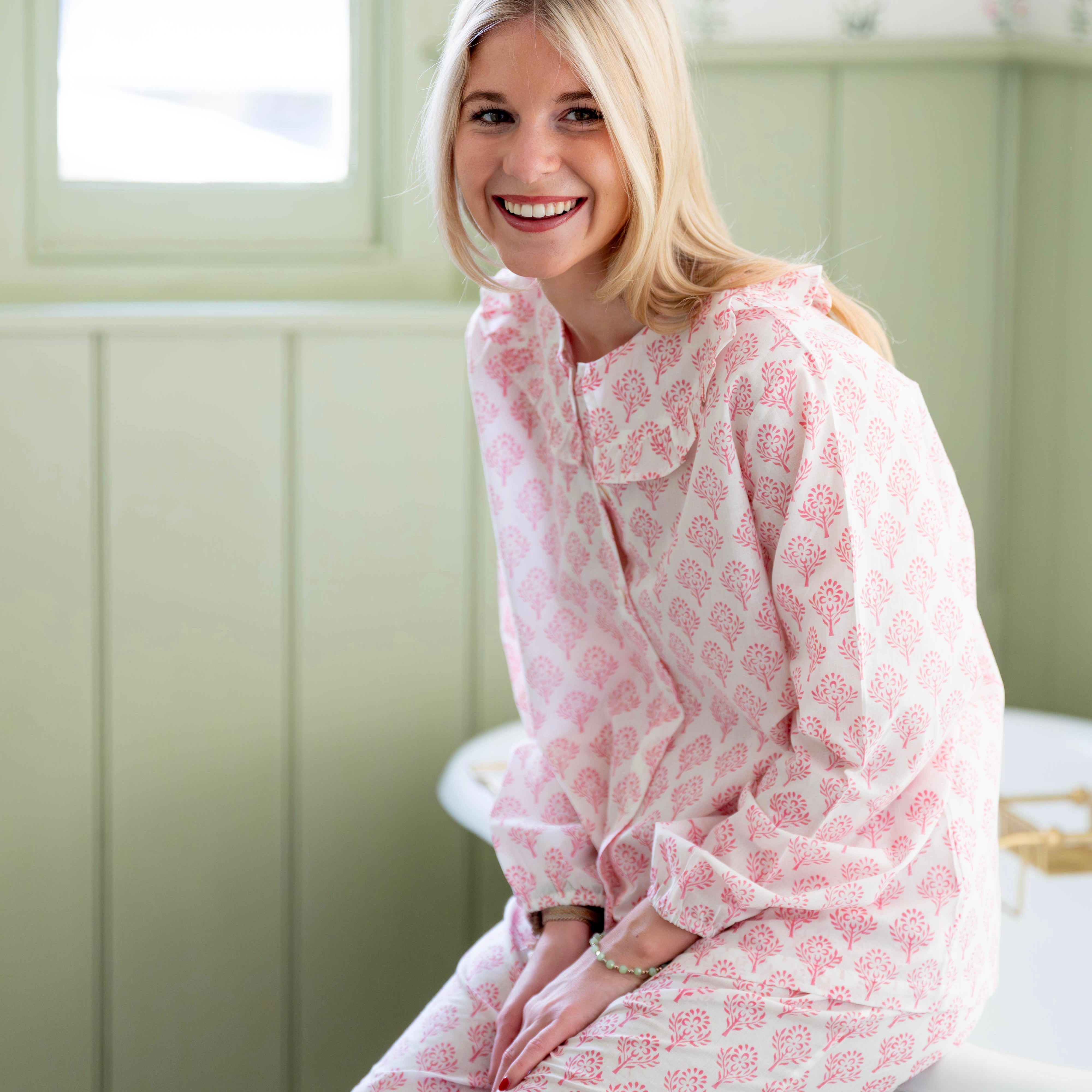 Pink Sprig Frilled Collar Pyjamas