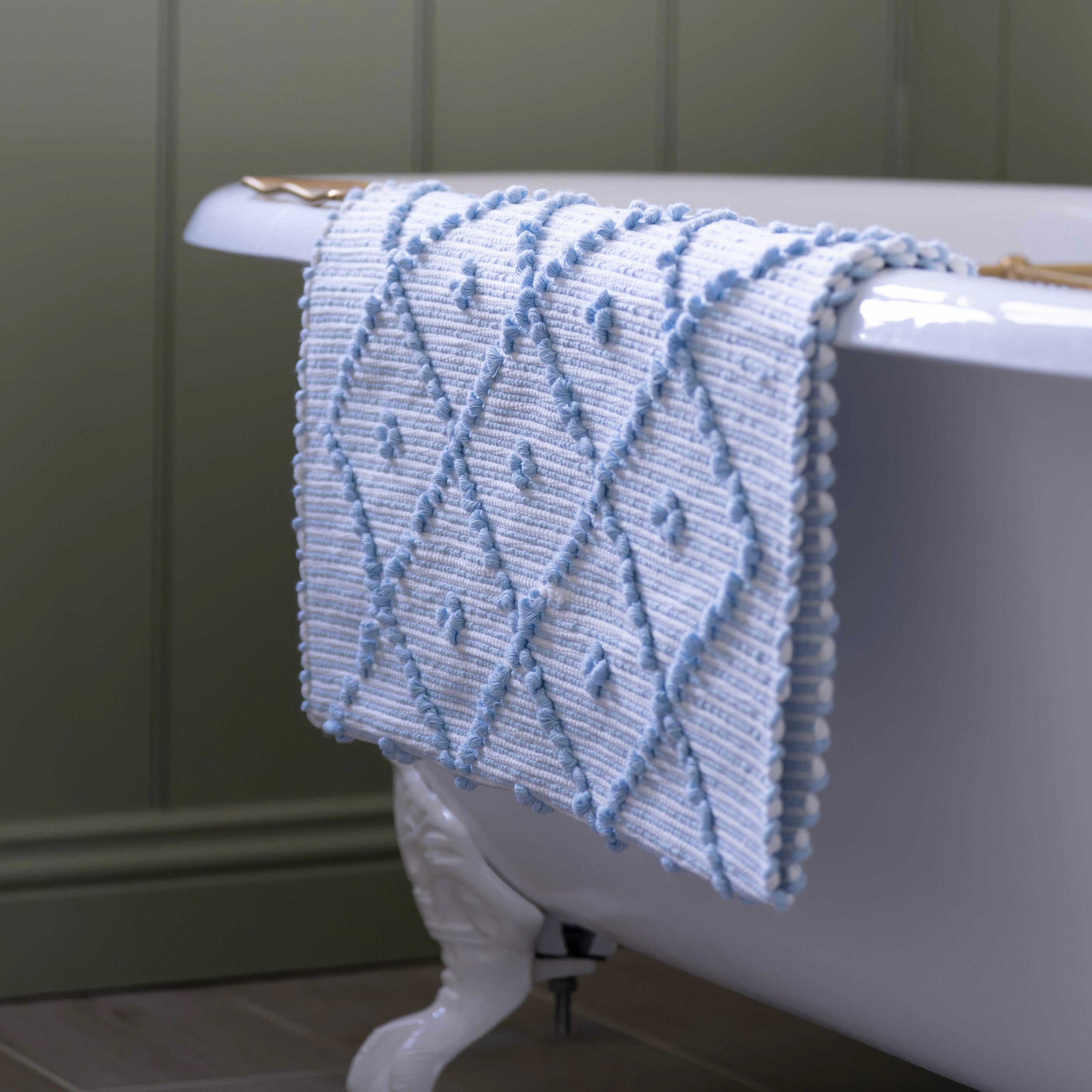 Powder Blue Stripe Handwoven Knotted Bath Mat