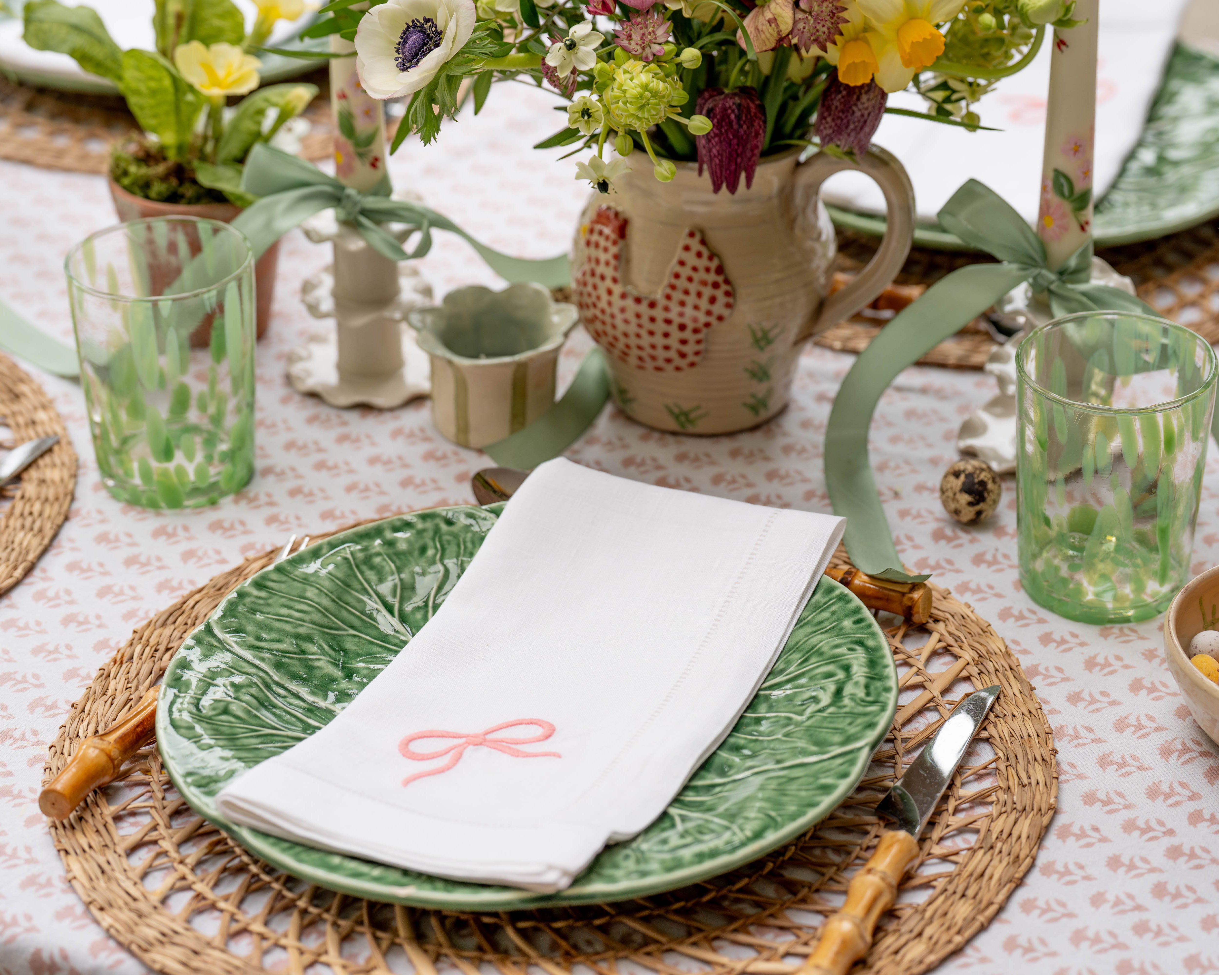 Pink Bow Embroidered Napkins (Set of 2)