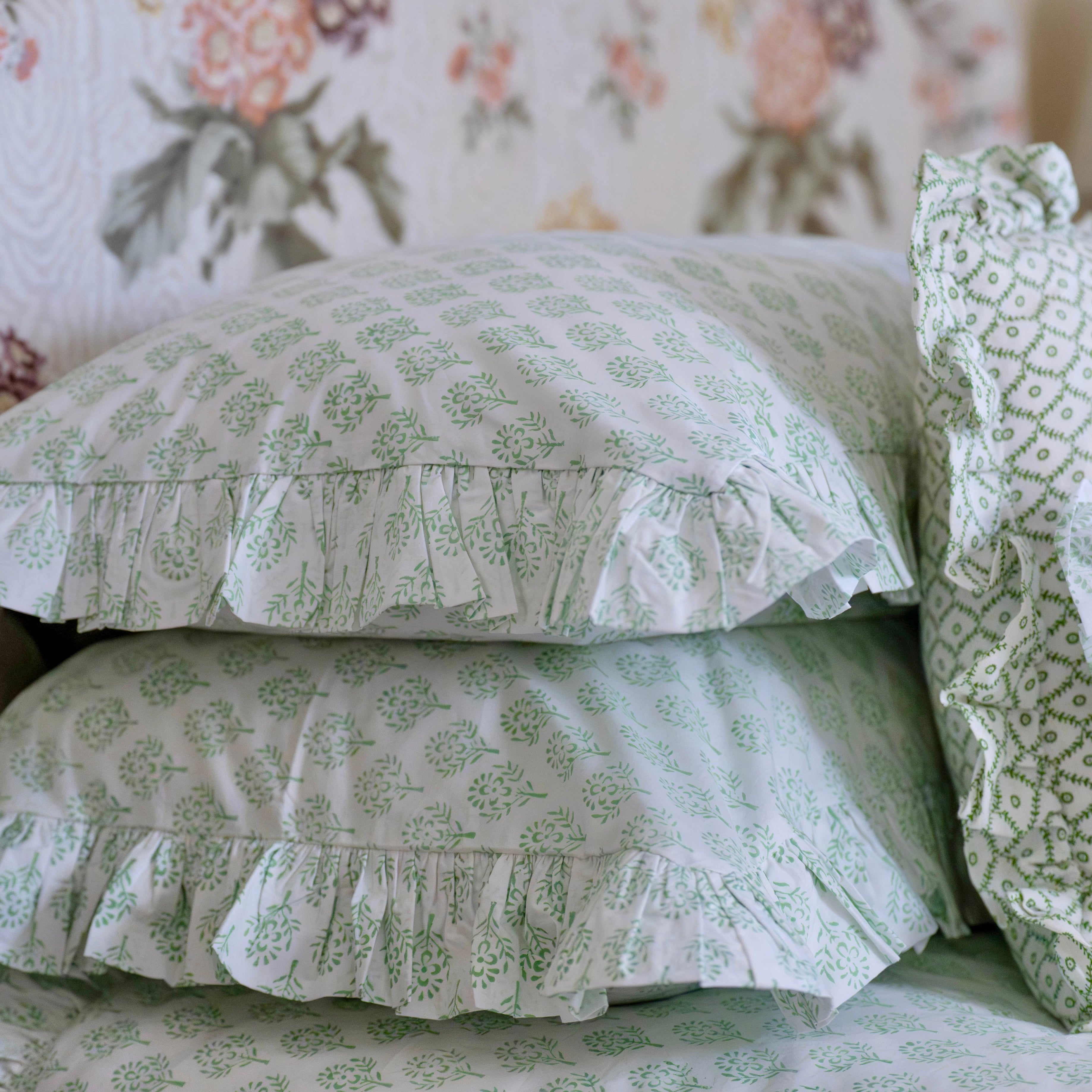 Green Sprig Handblocked Frilled Pillowcase