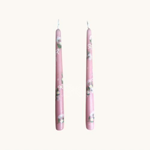 Pink Cowparsley and Bows Handpainted Candle (Single)